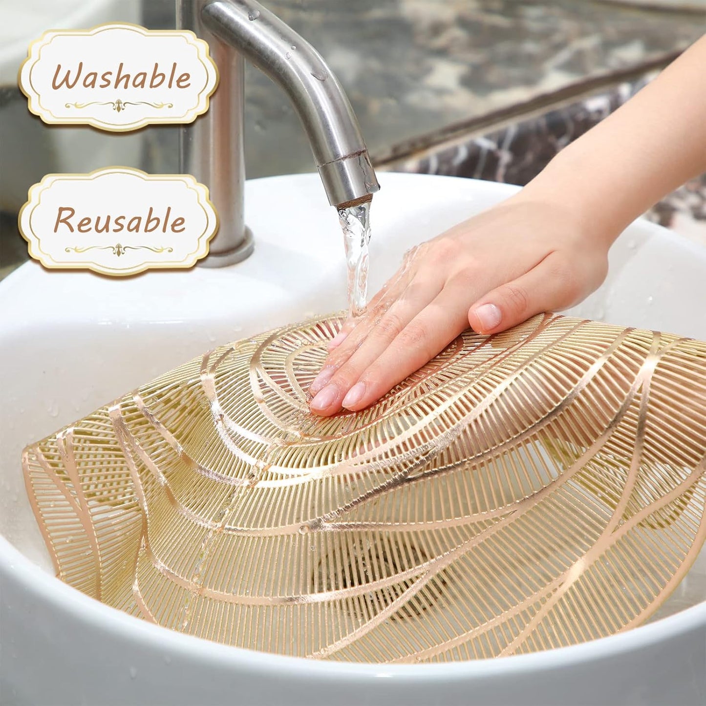 Sieral 12 Set 15 Inch Round Pressed Vinyl Placemats Hollow Out Rose Placemat Set Metallic Slip Resistant Place Mat Coaster Including Place Mats and Coasters for Wedding Dining Kitchen (Gold)