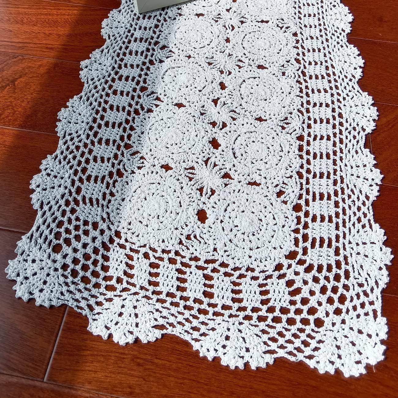 Phantomon Lace Table Runner Rectangular Table Cover Cloth Handmade Crochet Floral Placemats 100% Cotton (Floral White, 15x28Inch)