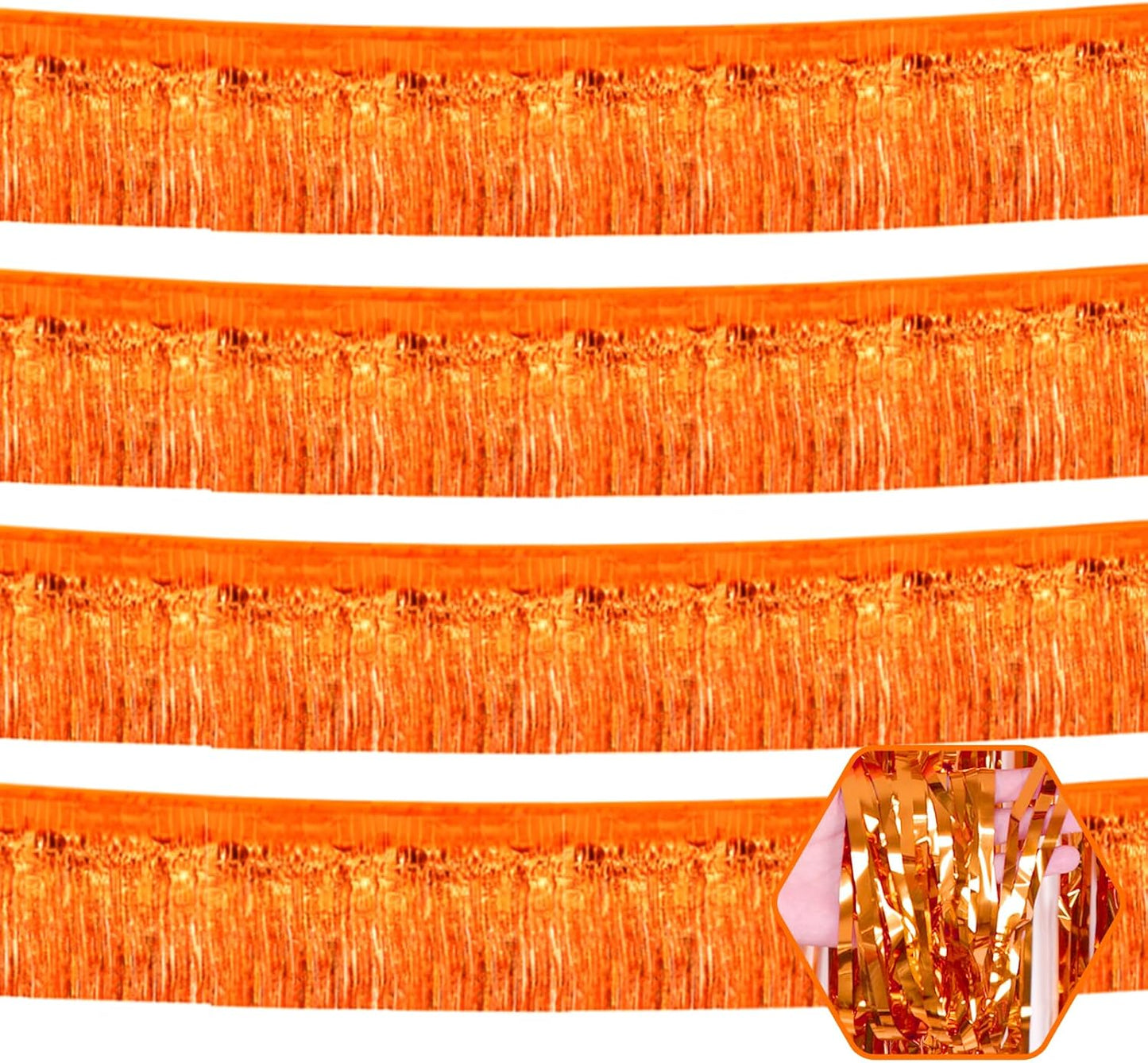 4 Pack 10 Feet Orange Foil Fringe Garland Metallic Tinsel Streamers Banner Wall Hanging Curtain Backdrop for Parade Floats, Wedding, Graduate, Mother's Day, Birthday Party Decoration