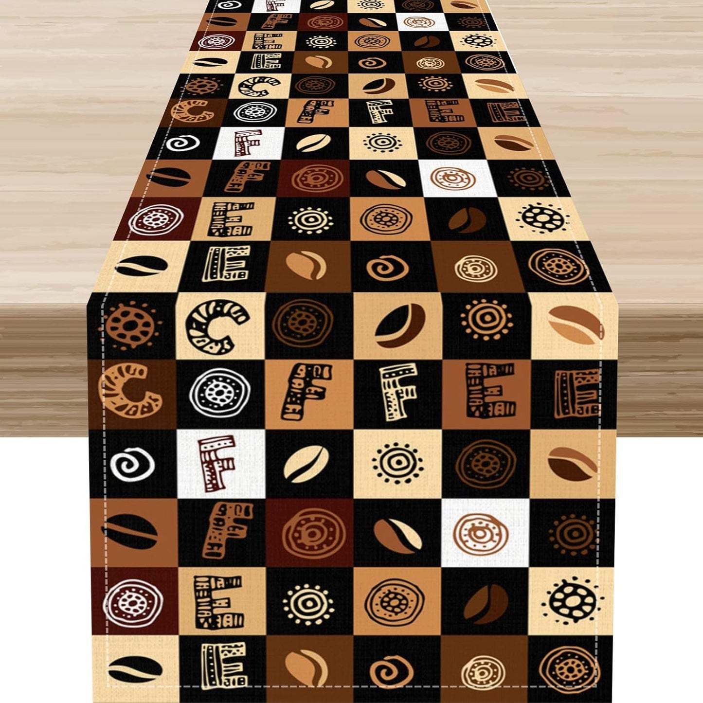 Coffee Theme Table Runner, Rustic Farmhouse Coffee Cup Latte Cappuccino Tea Party Cafe Table Center Decor for Home Kitchen Dining Patio Holiday Party Indoor Outdoor Table Decorations, 13"x90" Inch