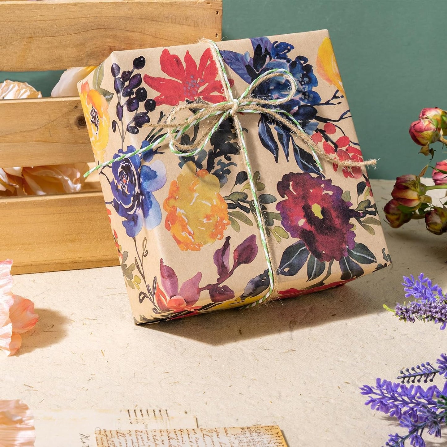 RUSPEPA Watercolor Floral Gift Wrapping Paper - Mini Roll - Kraft Paper Roll for Girls, Women, Bridal Shower and Birthday - 17 Inches x 16. 4 Feet