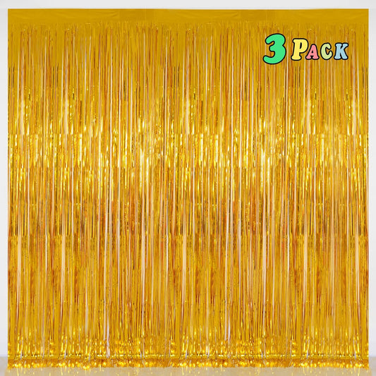 Foil Fringe Curtains Party Decorations - Melsan 3 Pack 3.2 x 8.2 ft Tinsel Curtain Party Photo Backdrop for Birthday Party Baby Shower or Graduation Decorations (Pure Gold)