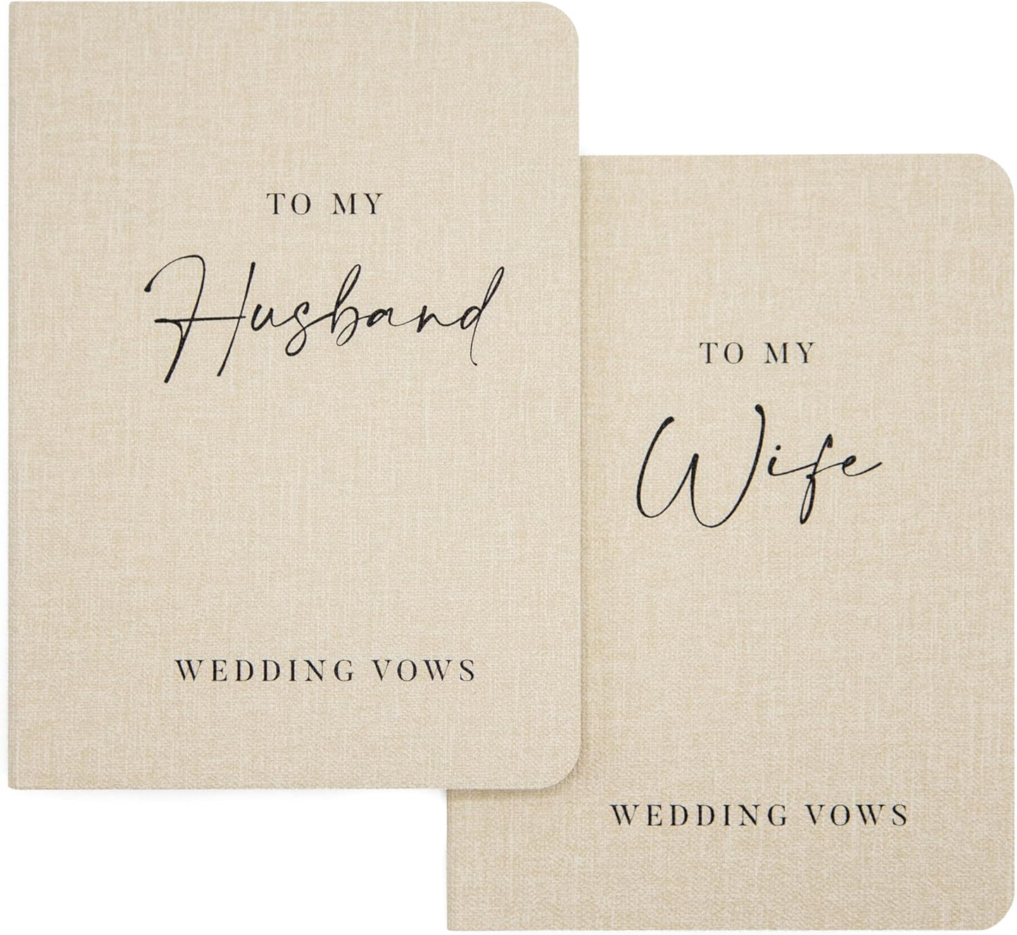 Slim Vow Books (Set of 2 - Design 2) - Soft Cream Canvas Linen Textured Cover Wedding Vow Booklets, Ceremony Speech Promise Notebook Journal, Gift for Newly Engaged Couple, 48 Lined Pages, 5.75" x 4"