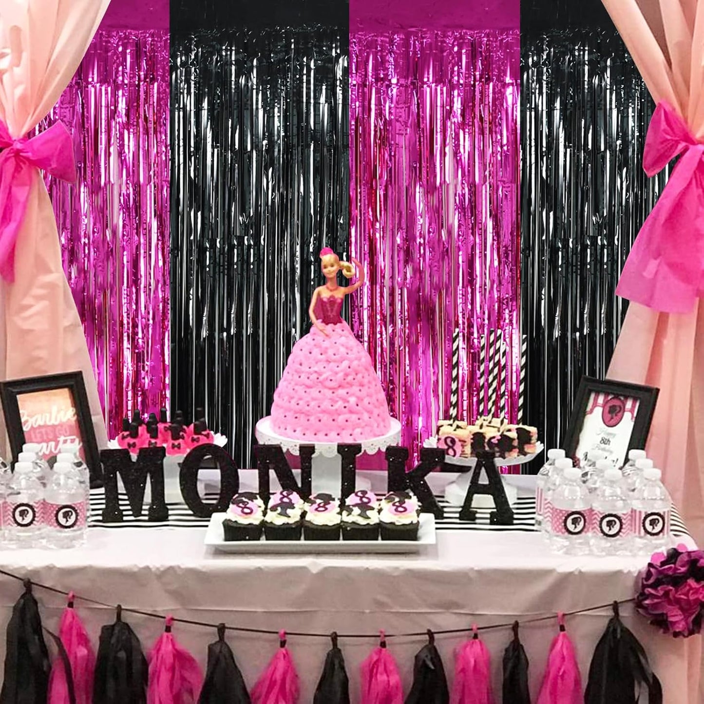 BEISHIDA 4 Pcs Hot Pink Black Door Streamers Curtain Party Streamers Backdrop Pink Party Hot Pink Wall Background for Party Decoration Photo Booth Props(3.28 ft x 6.56 ft)