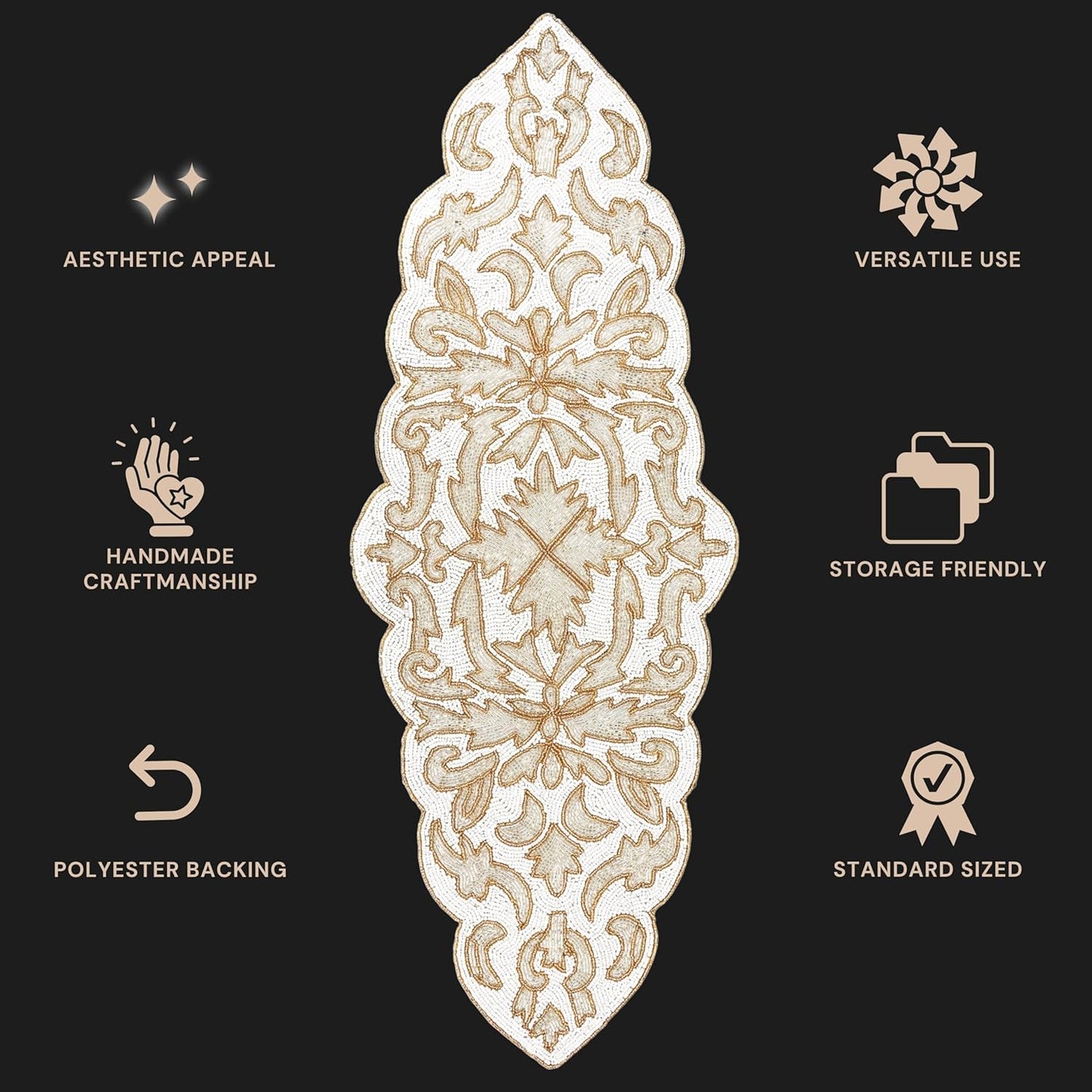 Beaded Table Runner 13 x 36 Inches - Elegant Dining Table Centerpiece with Glass Beads & Polyester Back, Handmade Decorative Runner for Weddings, Parties & Holiday Décor (White & Gold) - CLEENTABLE