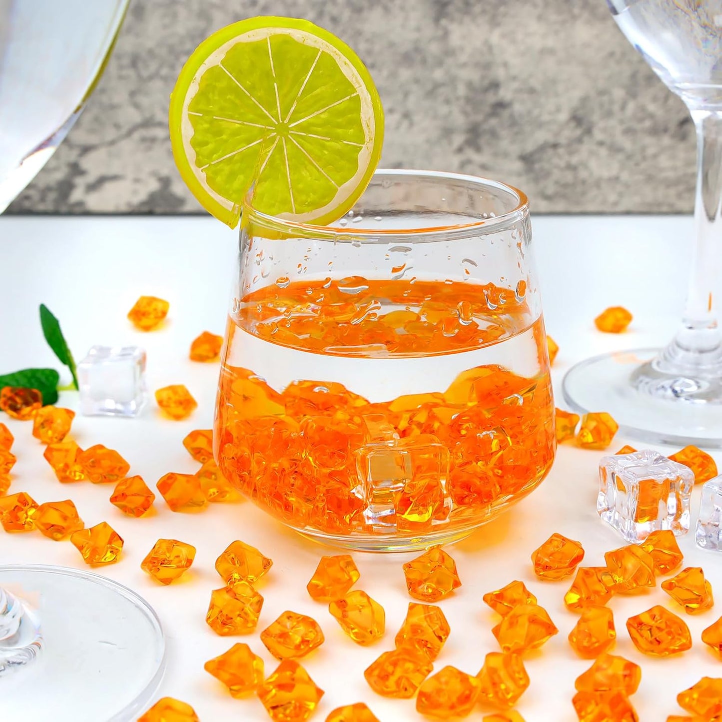 YATOJUZI 500pcs Fake Ice Cubes Orange Acrylic Crushed Rocks Vase Fillers Plastic Diamonds Gems for DIY Party Wedding Centerpiece Table Scatter Prop Display 0.5" (Only Orange)