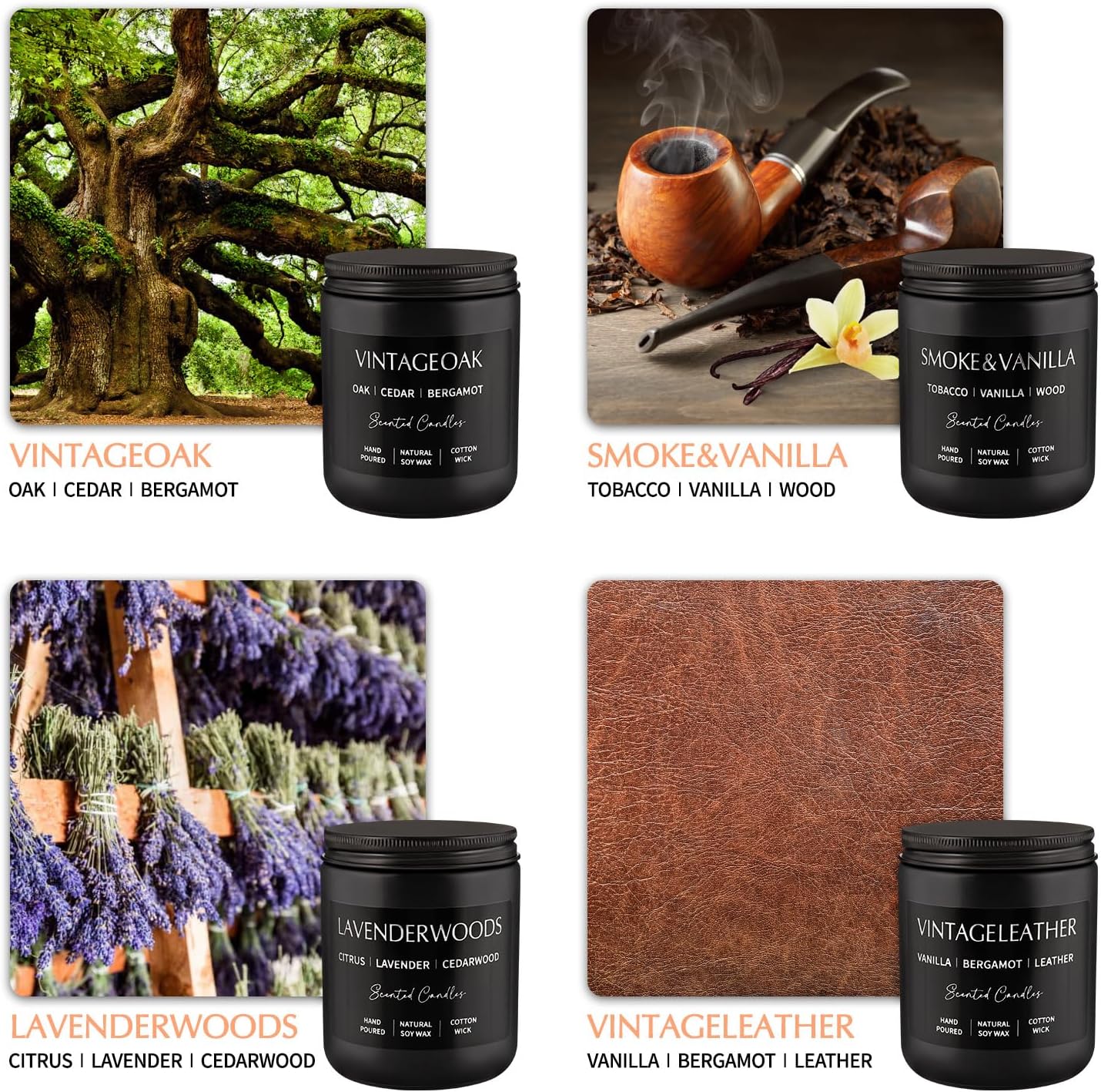 4Psc Scented Candles Set,7oz Gifts for Men Aromatherapy,Soy Candle of Smokeless - Leather & Smoke, Vanilla Oakmoss, Lavender - Relaxing Fragrance for Home, Office, Yoga(Black)