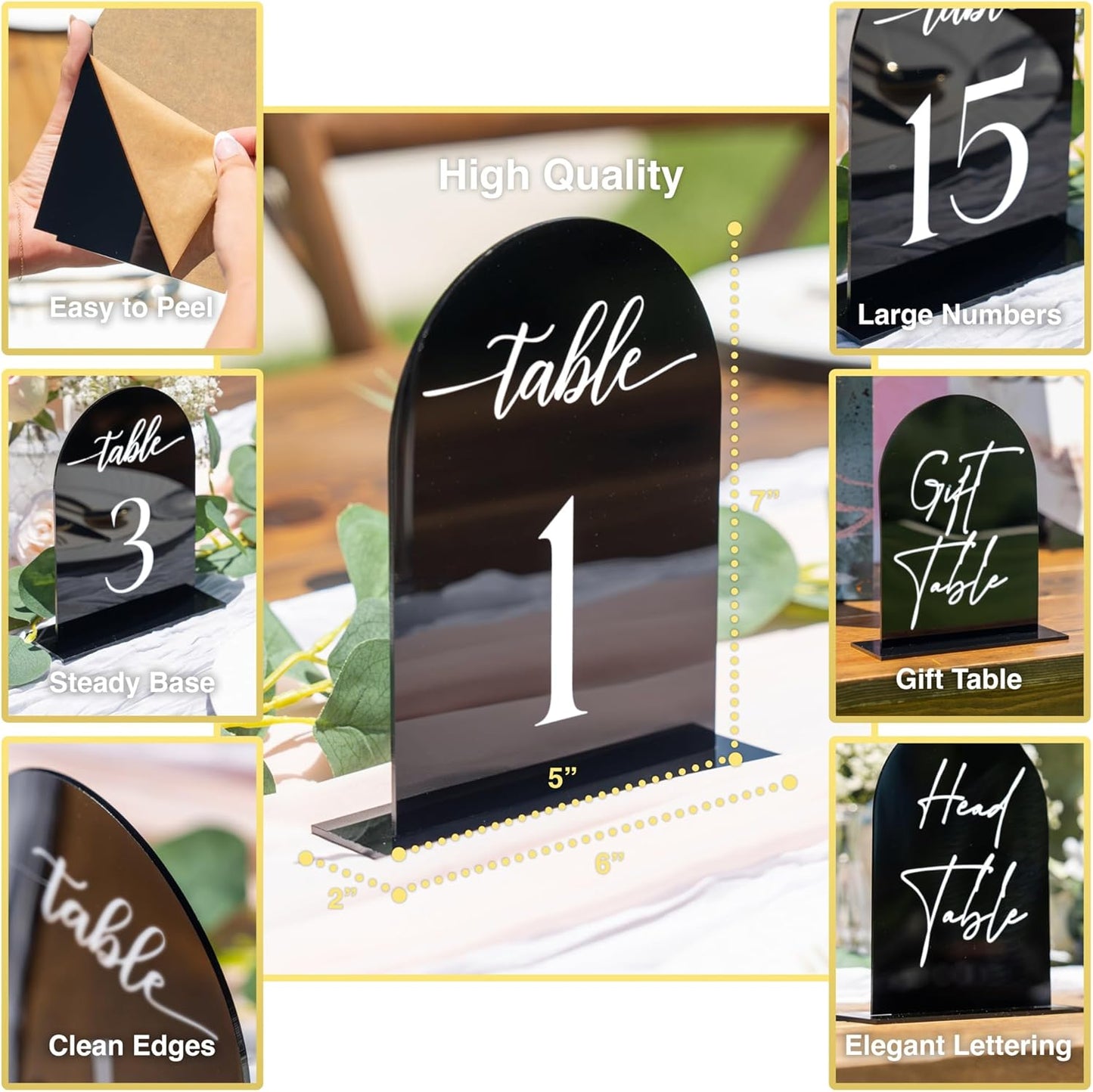 Black Arch Acrylic Table Numbers for Wedding Reception - 5" x 7" White Font Centerpiece Set with Holder Stands & Head Table Sign - Anniversary, Event, Party, Wedding set 1-20