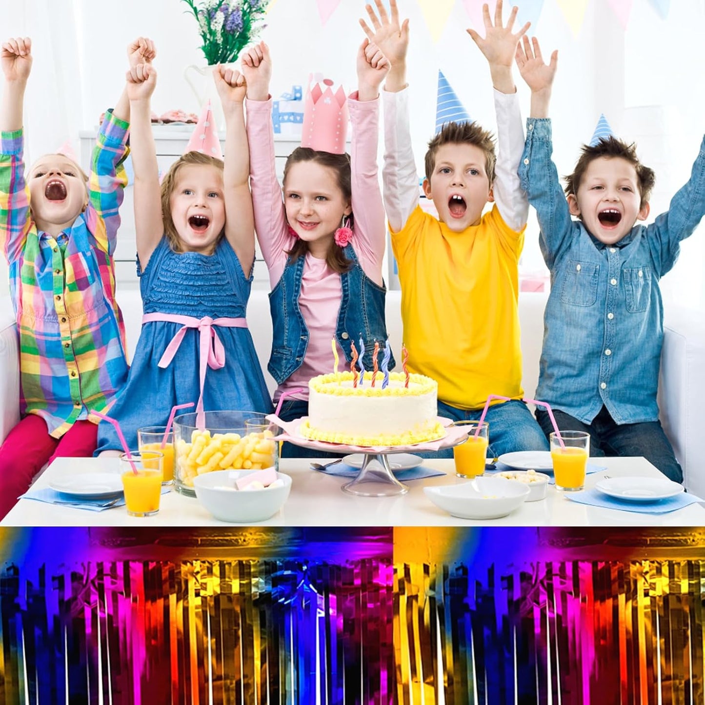 3 Pack 29 x108 Inch Rainbow Foil Fringe Table Skirts Metallic Banner for Tinsel Streamer Garland Backdrop for Parade Floats Wedding Thanksgiving Birthday Christmas Halloween New Year Party Decoration