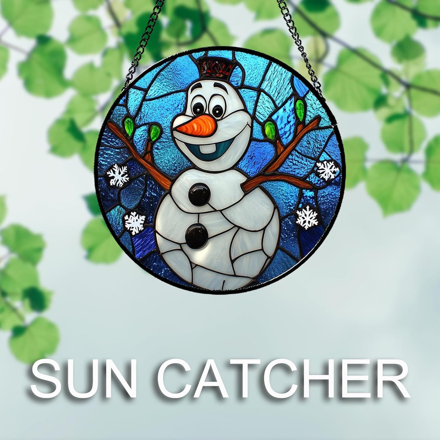 Stained Glass Window Hanging Christmas Funny Snowman 9.8" - Suncatcher Door Garden Blue White Snowflakes Sun Catcher New Year Birthday for Friend Mom Men Woman Nana