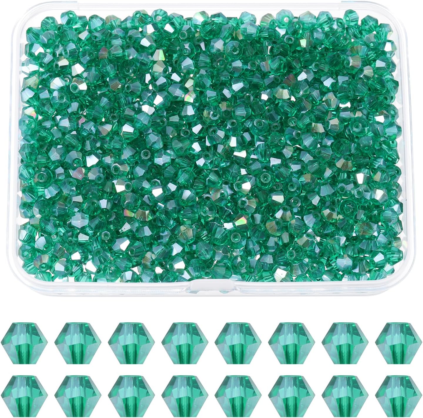 PATIKIL 1000pcs 4mm Bicone Glass Crystal Beads, Faceted Glass Spacer Beads with Box for Jewelry Making Bracelet Necklace Earrings DIY Suncatcher Craft, Green AB