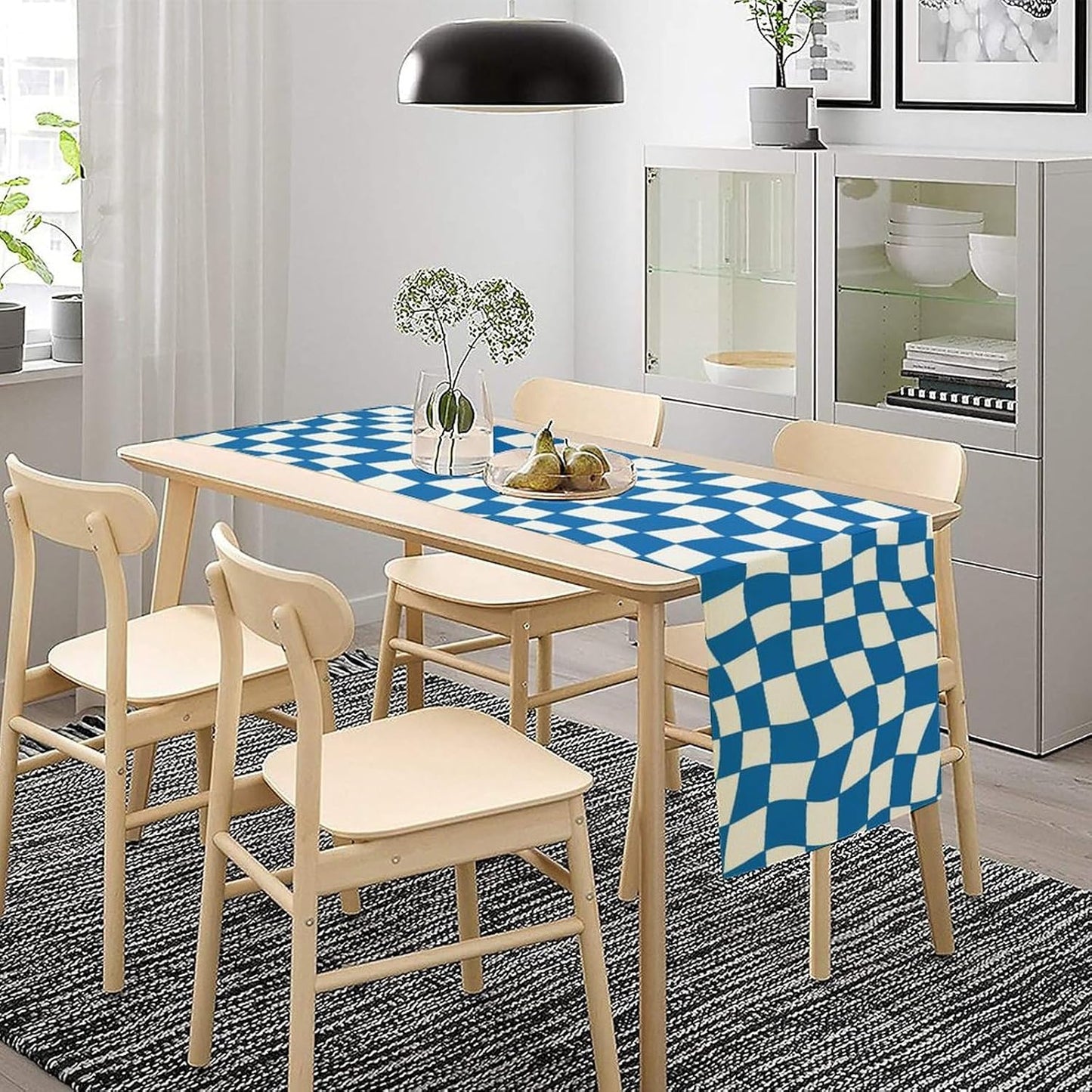 Table Flag Retro Plaid 60s70s Blue Plaid Table Flag Kitchen Restaurant Decoration Suitable for Indoor and Outdoor Festival Home Wedding Party Table Flag 13x90
