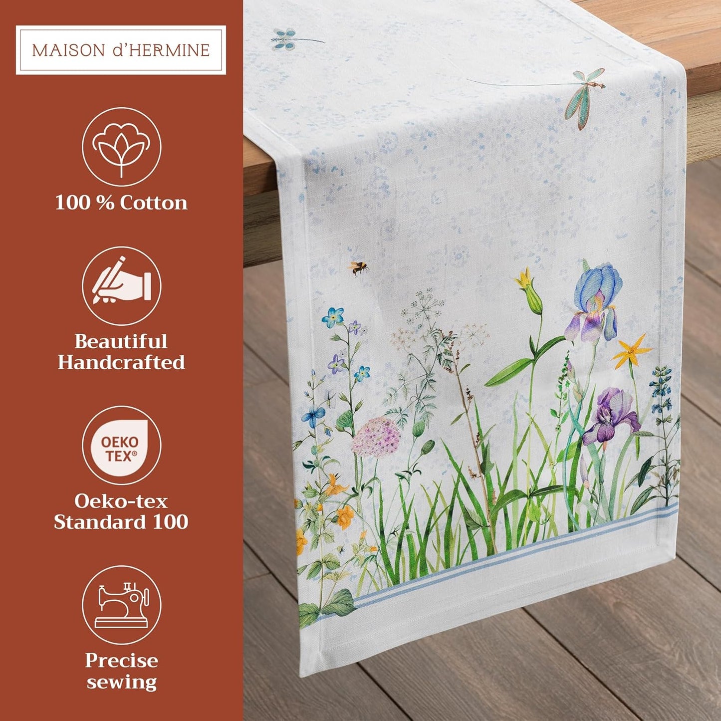 Maison d' Hermine Table Runner 100% Cotton Single Layer Table Runners 108 inches Long Decorative for Home Kitchen Dining Party Wedding Bridal Shower Spring Summer (Fleurs De Mai, 14.50" x 108")