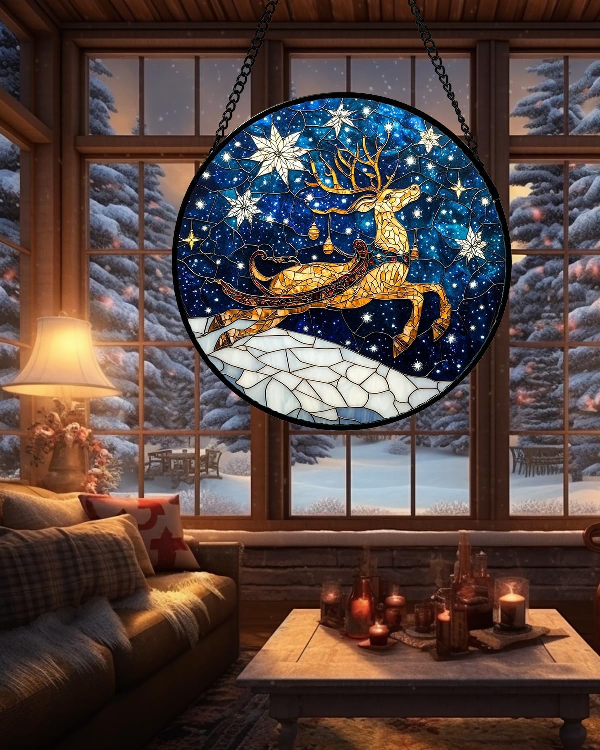 Stained Glass Window Hanging - Reindeer Blue Starry Sky Suncatcher for Doors Home Christmas Decoration Winter Sun Catcher Thanksgiving New Year Birthday Gifts for Women Men Mom Nana 11.8 in