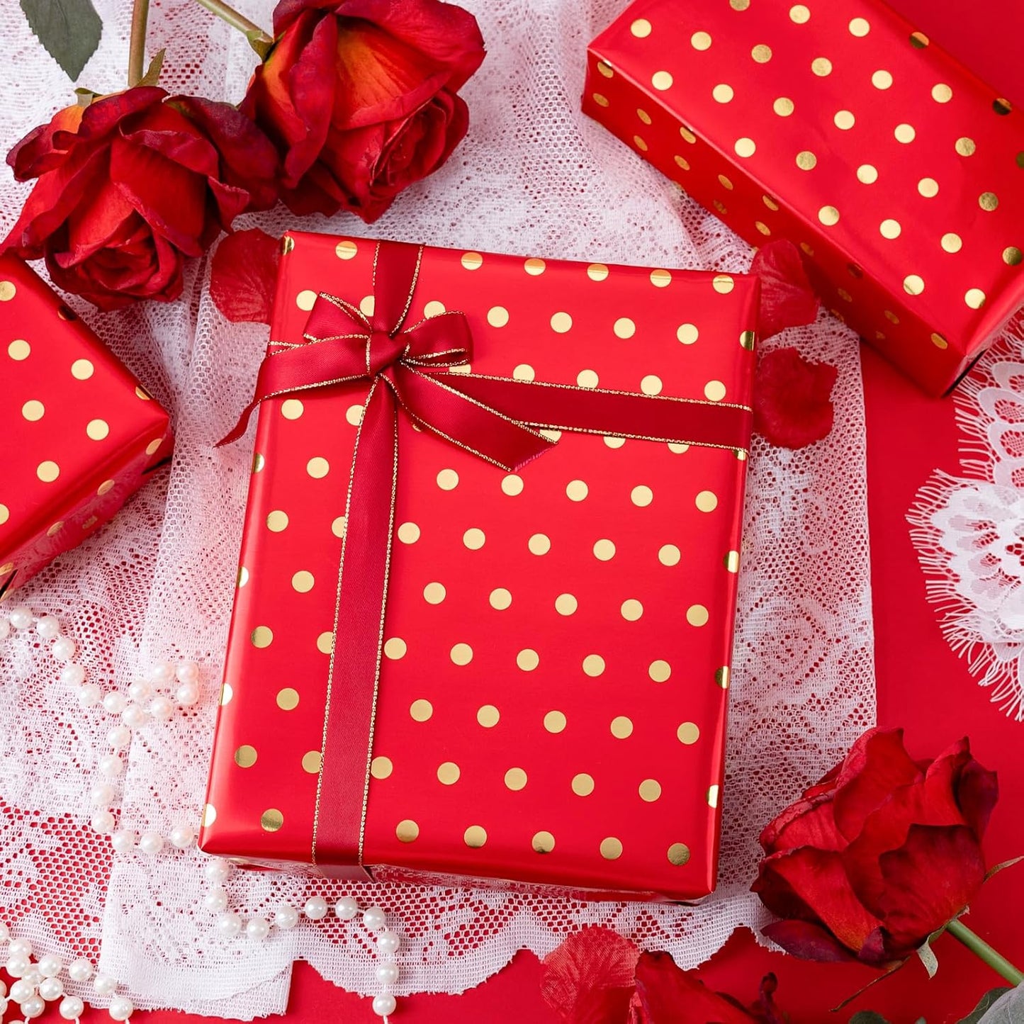 Flyhill Gold Foil Polka Dot Wrapping Paper Roll,Mini Roll Red Reversibl Gift Wrap for Birthday,Girls,Baby Shower,Wedding (17 Inch X 32.8 Feet)