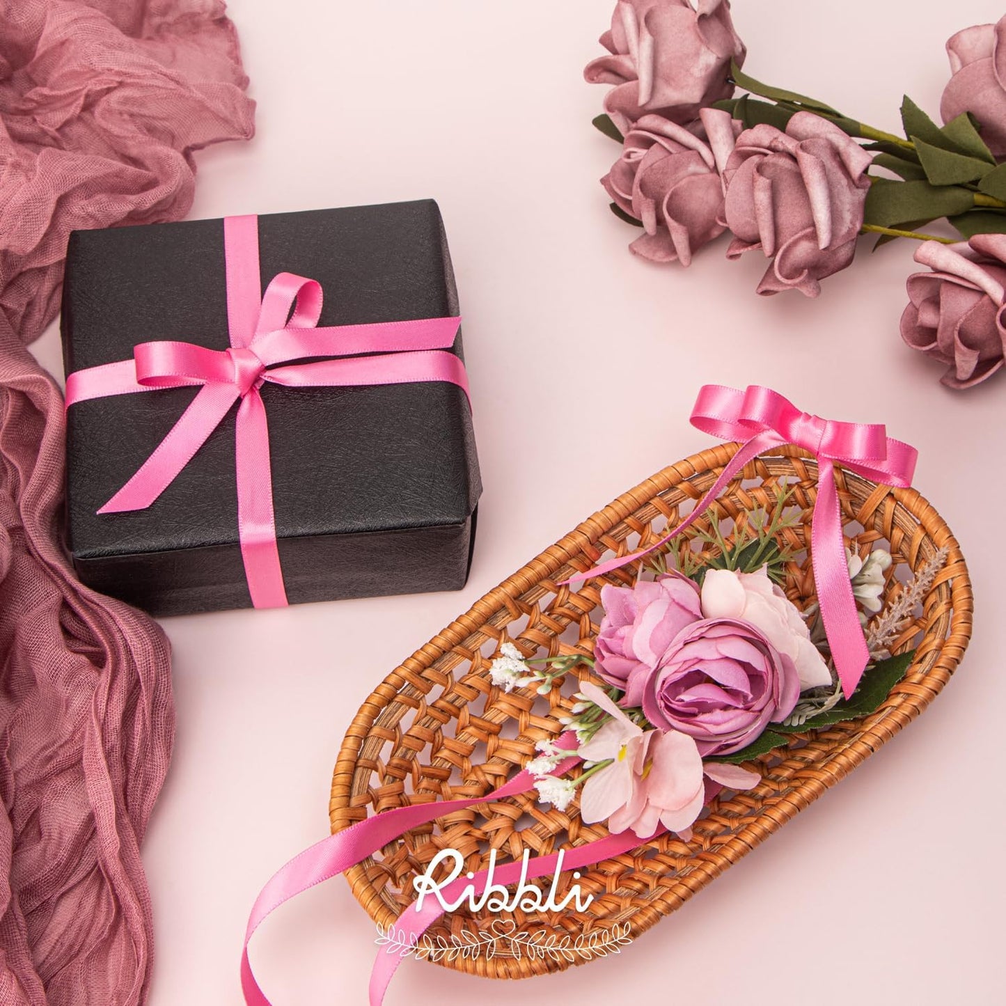 Ribbli Double Faced Hot Pink Satin Ribbon,3/8” x Continuous 25 Yards,Use for Bows Bouquet,Gift Wrapping,Floral Arrangement