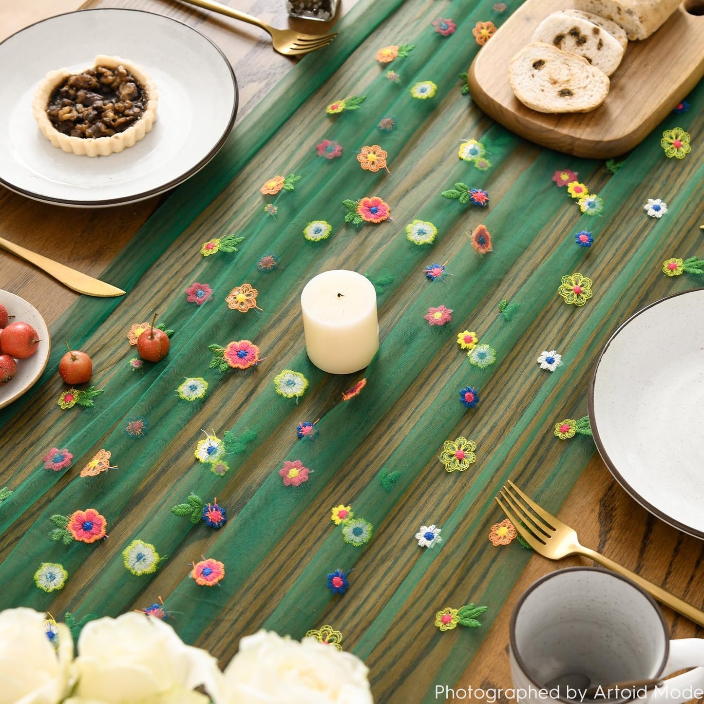 Artoid Mode 3PCS Dark Green Embroidery Daisy Gauze Table Runner 120 Inch 10FT, Seasonal Sheer Dining Holiday Wedding Birthday Table Decor for Home Party