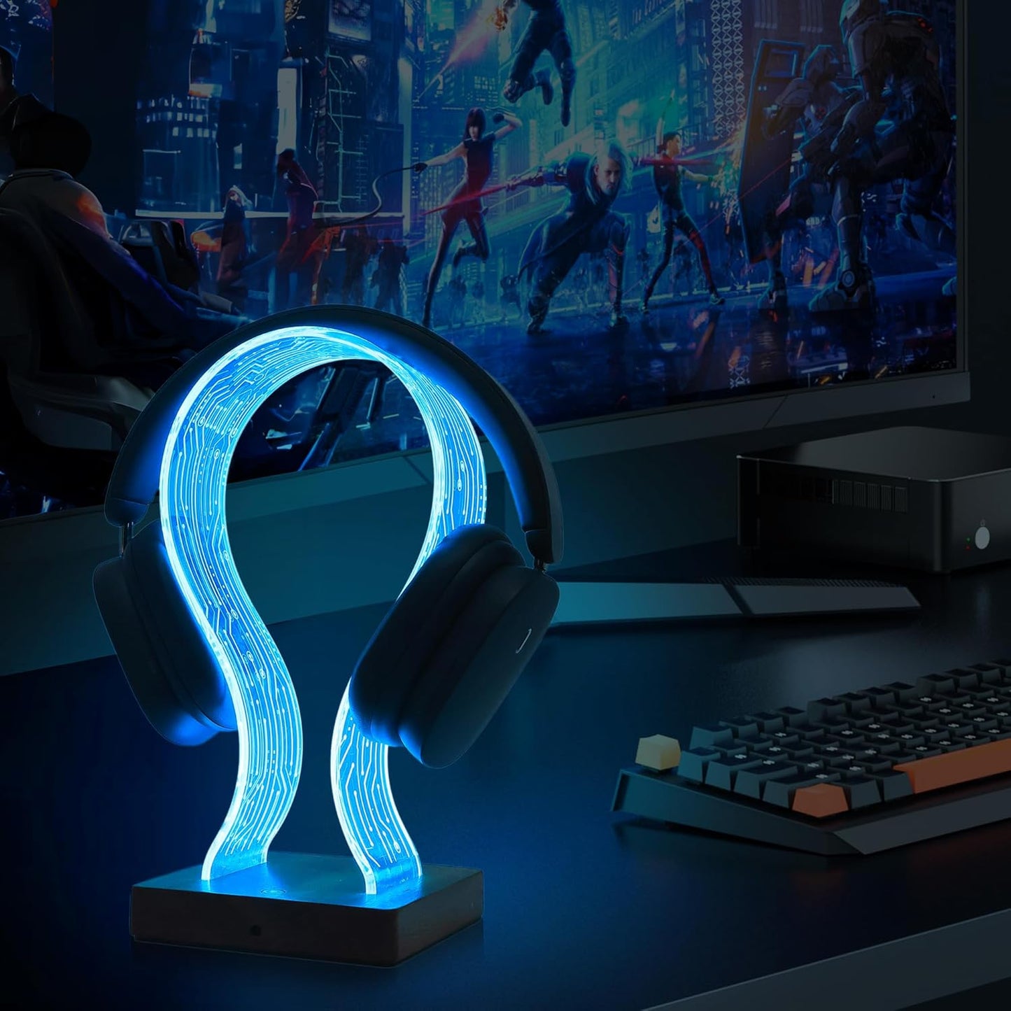 YuanDian RGB Headphone Stand with 16 Changing Colors, Wooden Headset Holder with 1 USB Charging Port and 1 Type-C Charging Port Touch Control with Remote, Gift for Gamers, Men, and Music Lovers