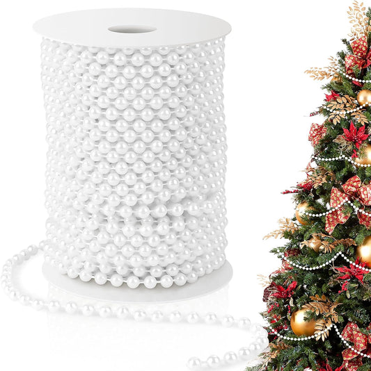 Pearl Beads Garland, 6 MM White Faux String of Pearls, Pearl Garland for Christmas Tree 82FT Pearl Beads Strand Spool Bead Roll for Crafts Floral Centerpieces Wedding Party Christmas Tree Decorations