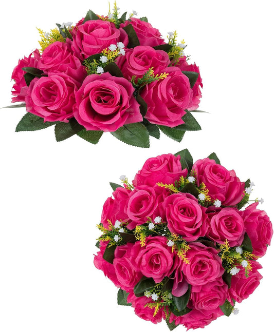 BLOSMON Hot Pink Flowers Artificial: 2 Pcs Fake Rose Balls Centerpiece for Wedding Table Decoration - Faux Silk Kissing Bouquet Floral Arrangement for Home Party Event Decor