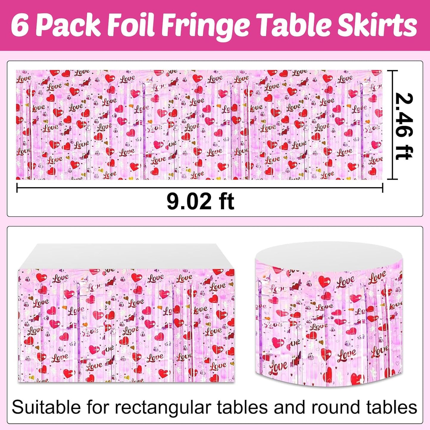 6 Pack 29x108 Inch Love Pink Wave Foil Fringe Table Skirts Metallic Banner for Tinsel Streamer Garland Backdrop for Parade Floats Wedding Mother's Day, Birthday Mardi Gras Party Decorations