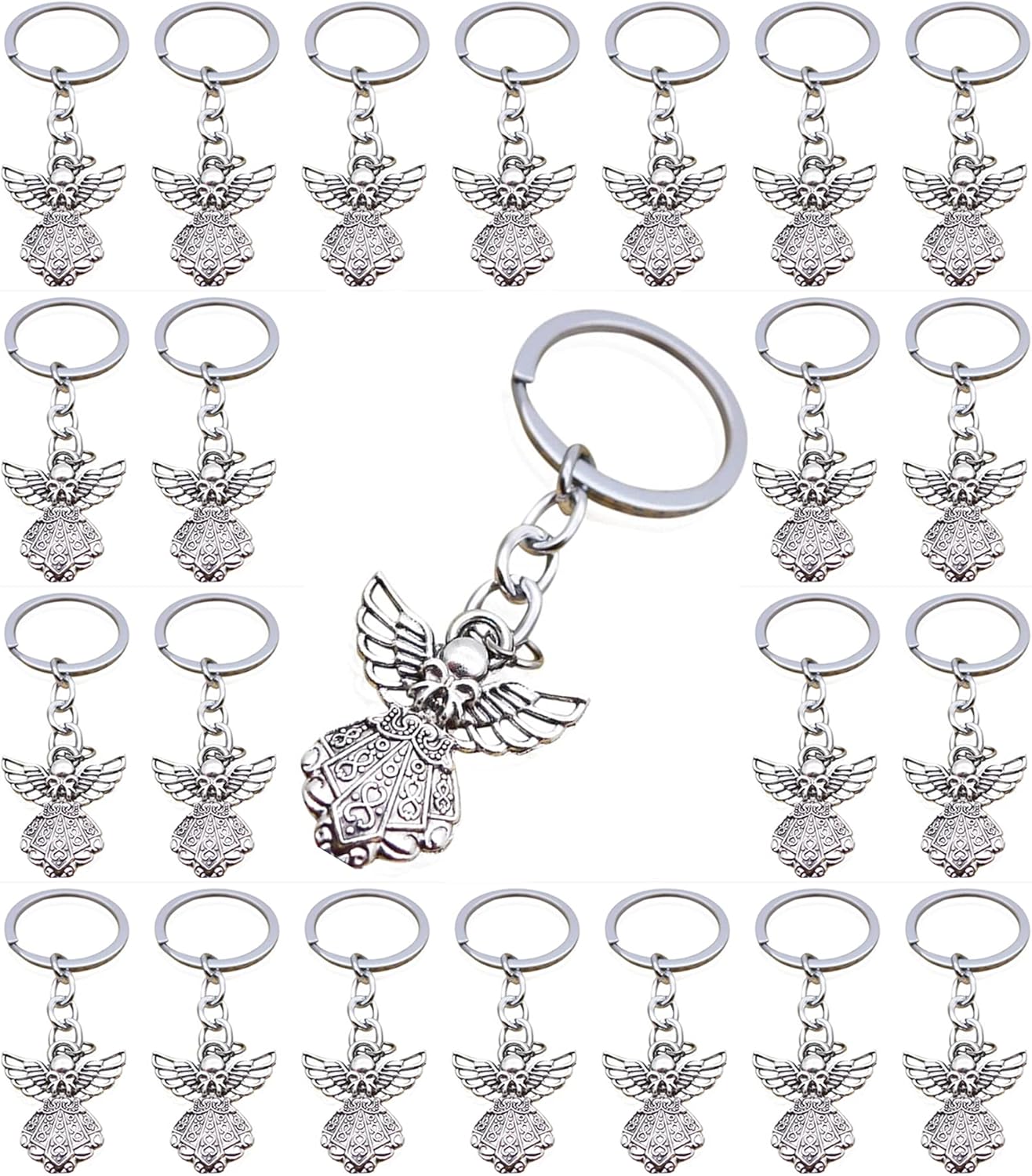 PHAETON 50PCS Silver Tone Guardian Angel Charm Keychain Key Ring