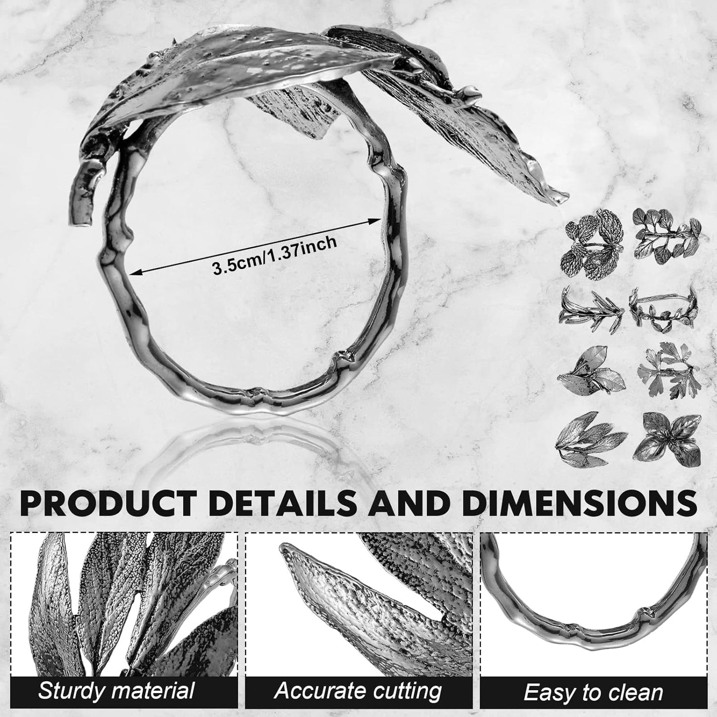 Cunhill 8 Pieces Herb Napkin Rings Set Vintage Leaf Napkin Holders Rings Glossy Holder Adornment Metal Table for Graduation Holidays Wedding Graduation Party Decor Everyday Use(Silver)