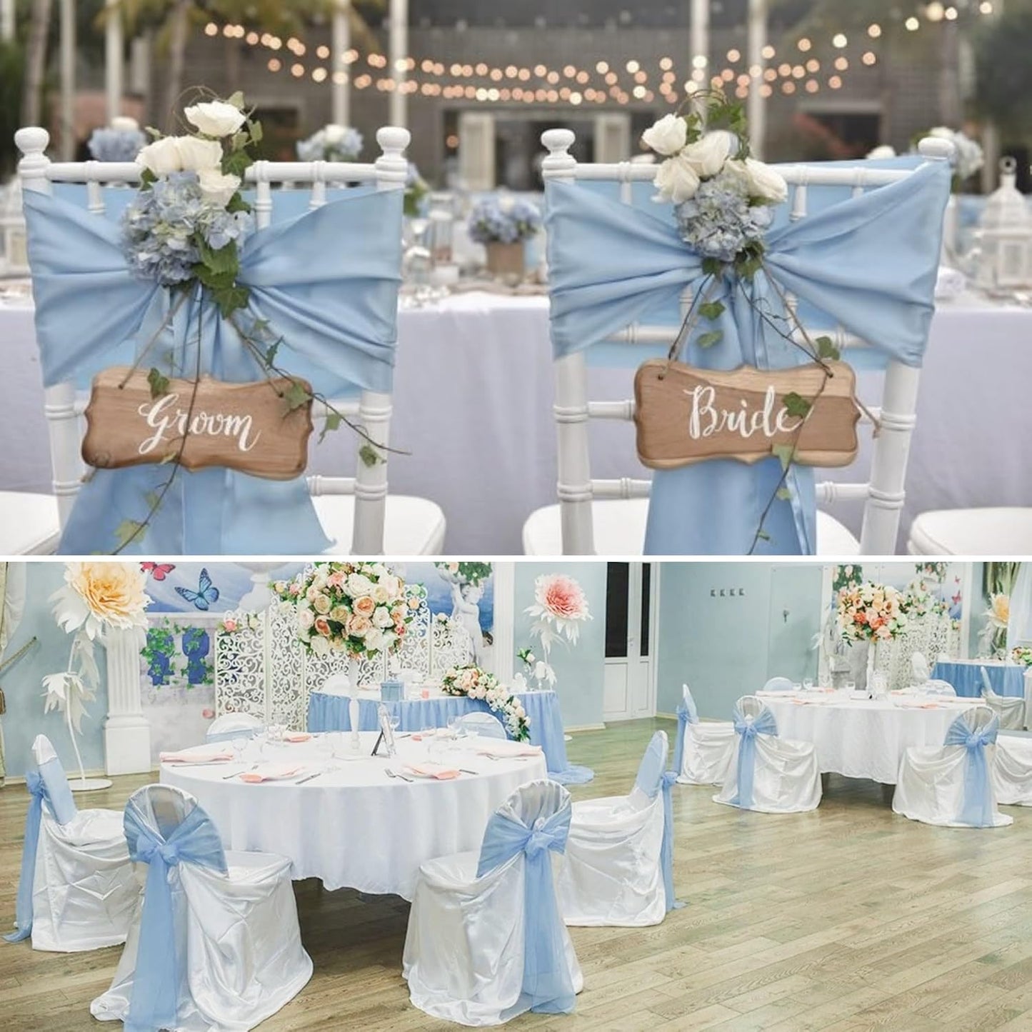 100 PCS Satin Chair Sashes Decorative Bow Chair Sashes Ties Back Ribbon Bows Chairs Cover Band for Wedding Birthday Party Ceremony Reception Events Banquet Home Kitchen Decor(7 x108 inch,Baby Blue)