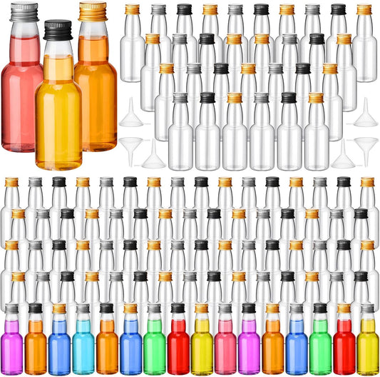120 Pcs Mini Liquor Bottles Airtight Shot Miniature Empty Plastic Alcohol Spirit Shot Bottles with Funnels for Party Favors, Weddings(2 oz,Silver, Gold, Black)