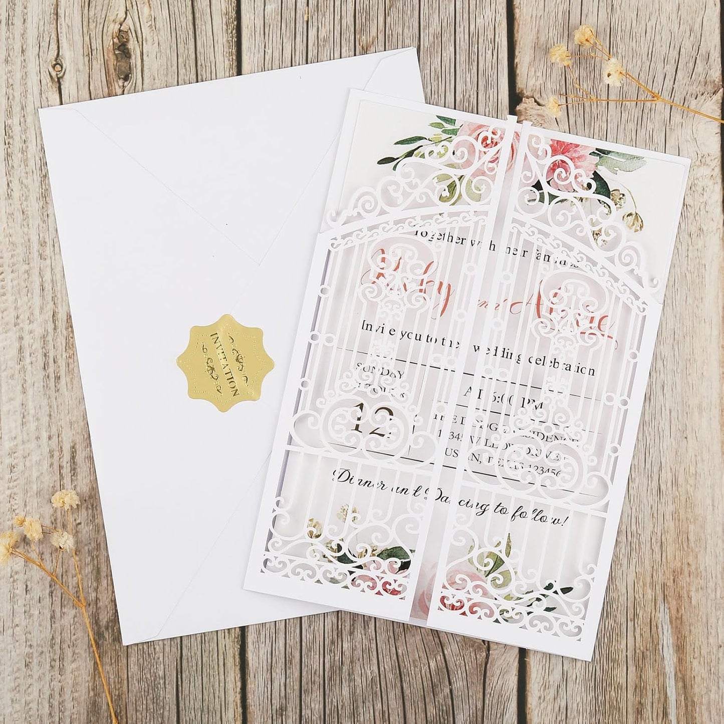 50Pcs White Laser Cut Invitations Fence Wedding Invitations Pocket with Envelopes and RSVP Cards for Wedding Quinceañera Engagement House Warming Invites, Blank Wedding Invitation Card Customizable