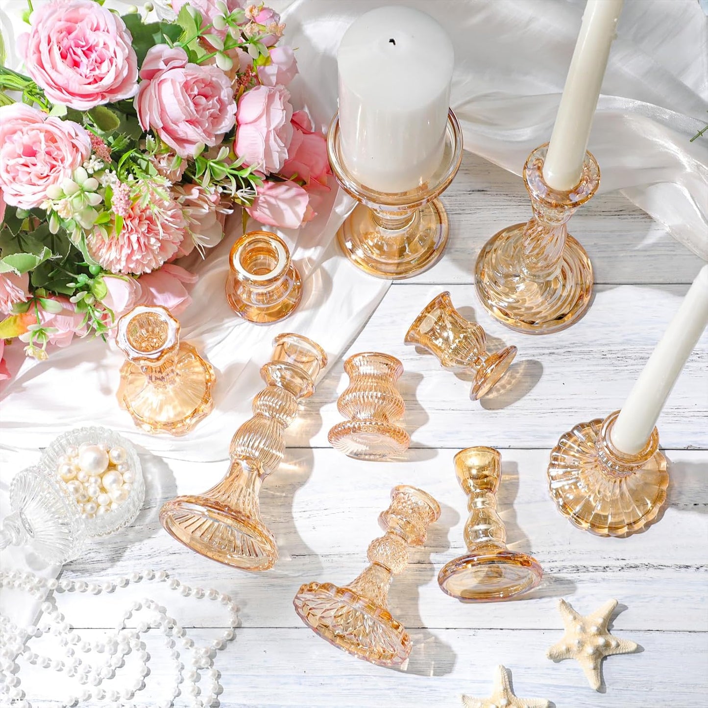 Mumufy 10 Pcs Glass Crystal Taper Candle Holders Clear Glass Candlestick Holder Fit 0.8 Inch Candles Crystal Decorative Candle Stand Centerpiece Table Wedding Dining Party (Classic,Gold)