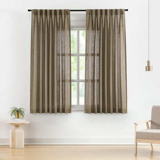 Vision Home Brown Pinch Pleated Semi Sheer Curtains Textured Linen Blended Light Filtering Window Curtains 72 inch for Living Room Bedroom Pinch Pleat Drapes with Hooks 2 Panels 40" Wx72 L