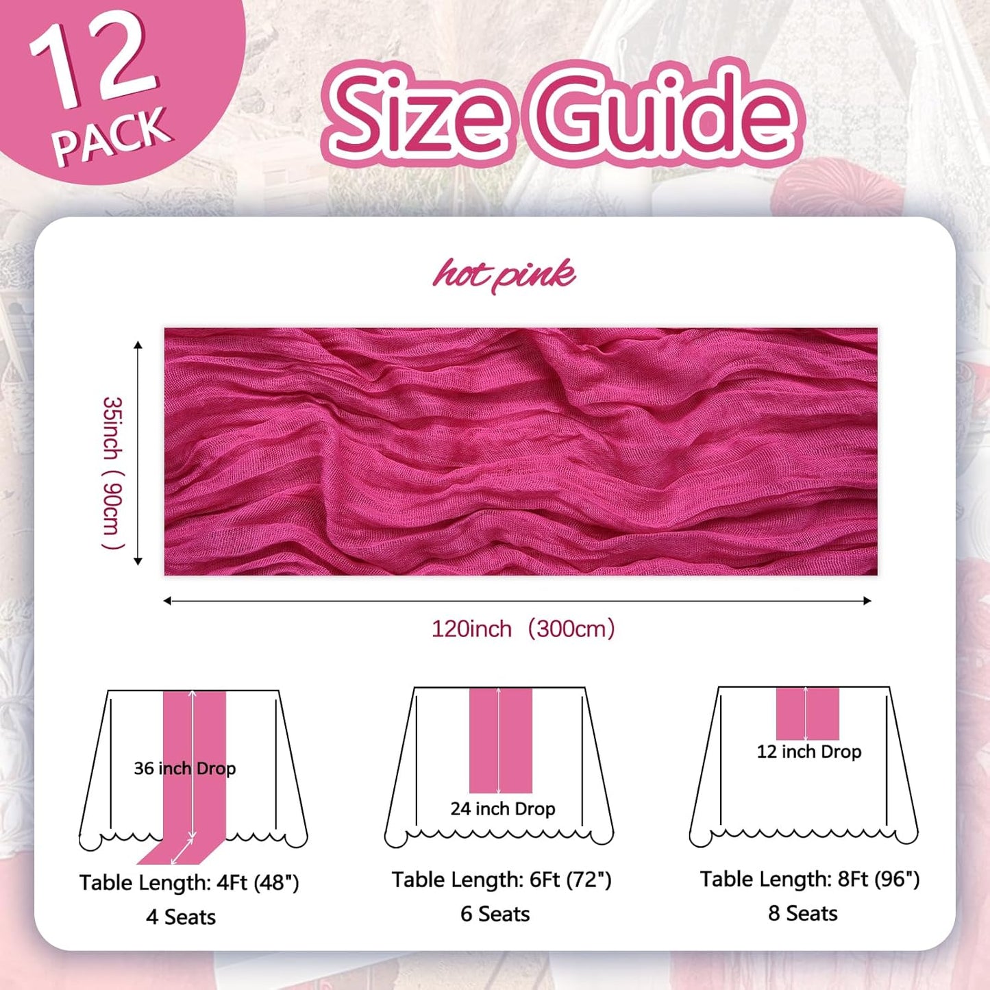 12 Pack Hot Pink Cheesecloth Table Runner 10ft Boho Gauze Fabric Cheese Cloth Table Runner 35 x 120 Inch Rustic Sheer Runner for Romantic Wedding Decor Baby Shower Party Table Centerpiece Decoration