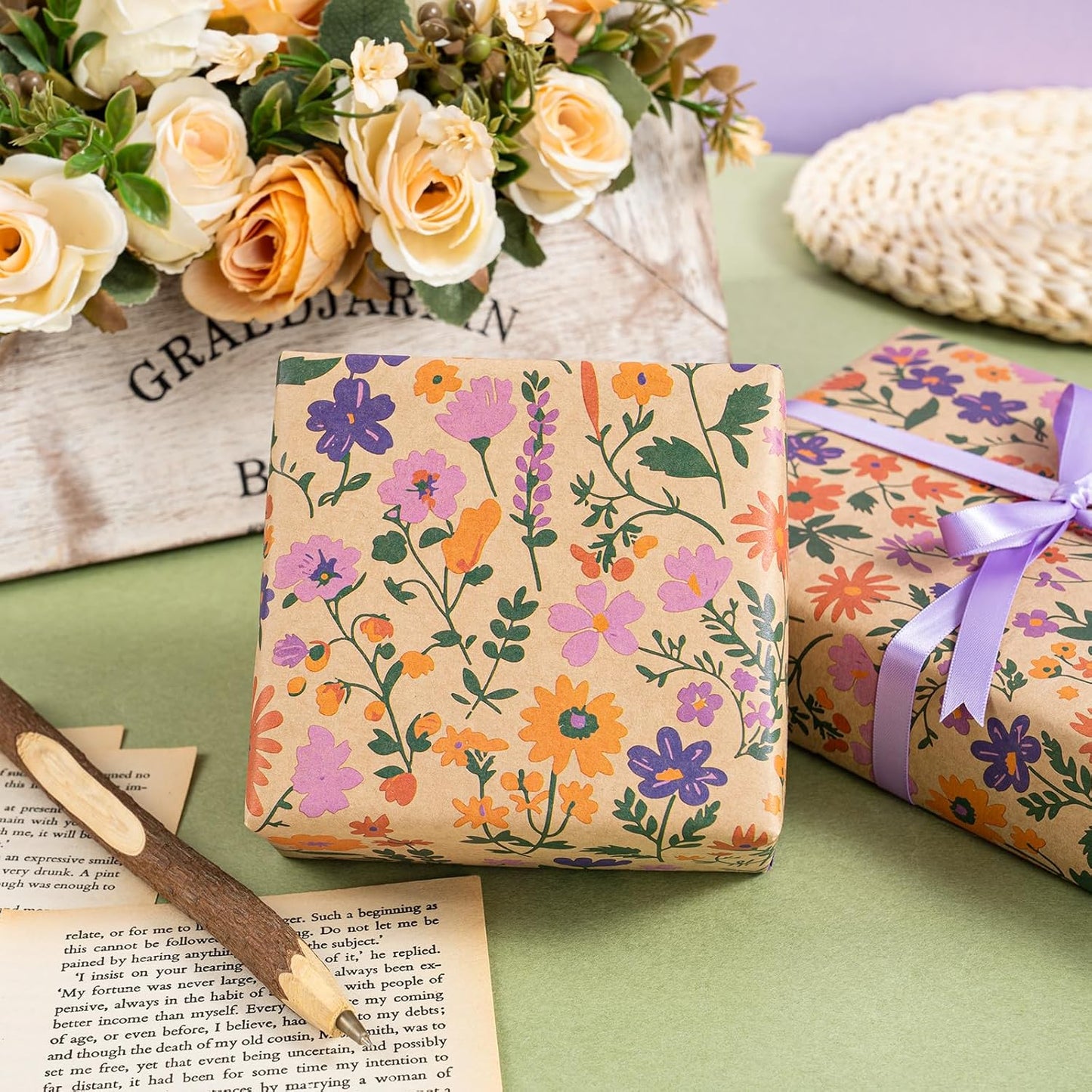 WRAPAHOLIC Kraft Floral Wrapping Paper Roll - Mini Roll - 17 Inch x 9.8 Feet - Vintage Flower Wrapping Paper, Perfect for Wedding, Birthday, Bridal Shower, Tea Party