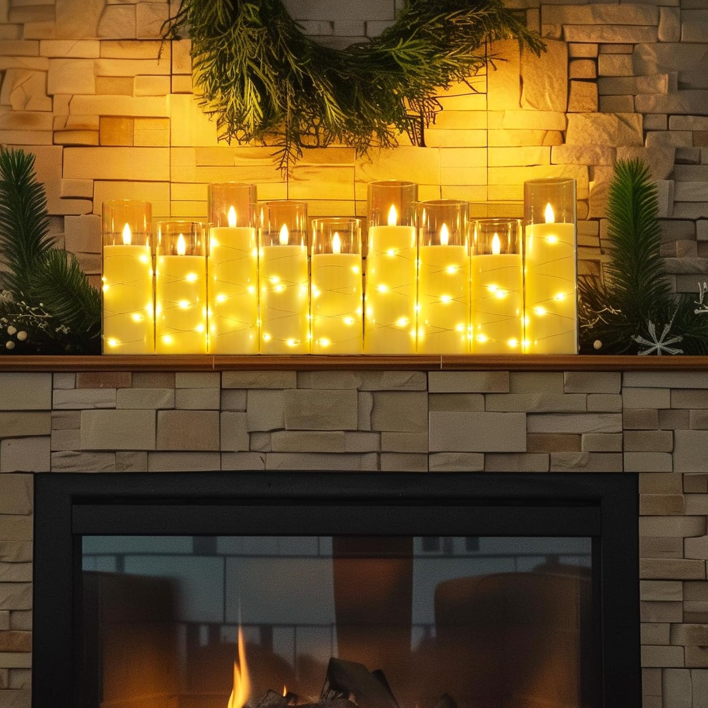 Homemory Flameless Candles with Embedded Star String Fairy Lights, Battery Operated Candles with Remote Control and Timer, Acrylic Flickering LED Candle for Fall Decor, Ivory, Set of 9, D2.2”xH5”6”7”