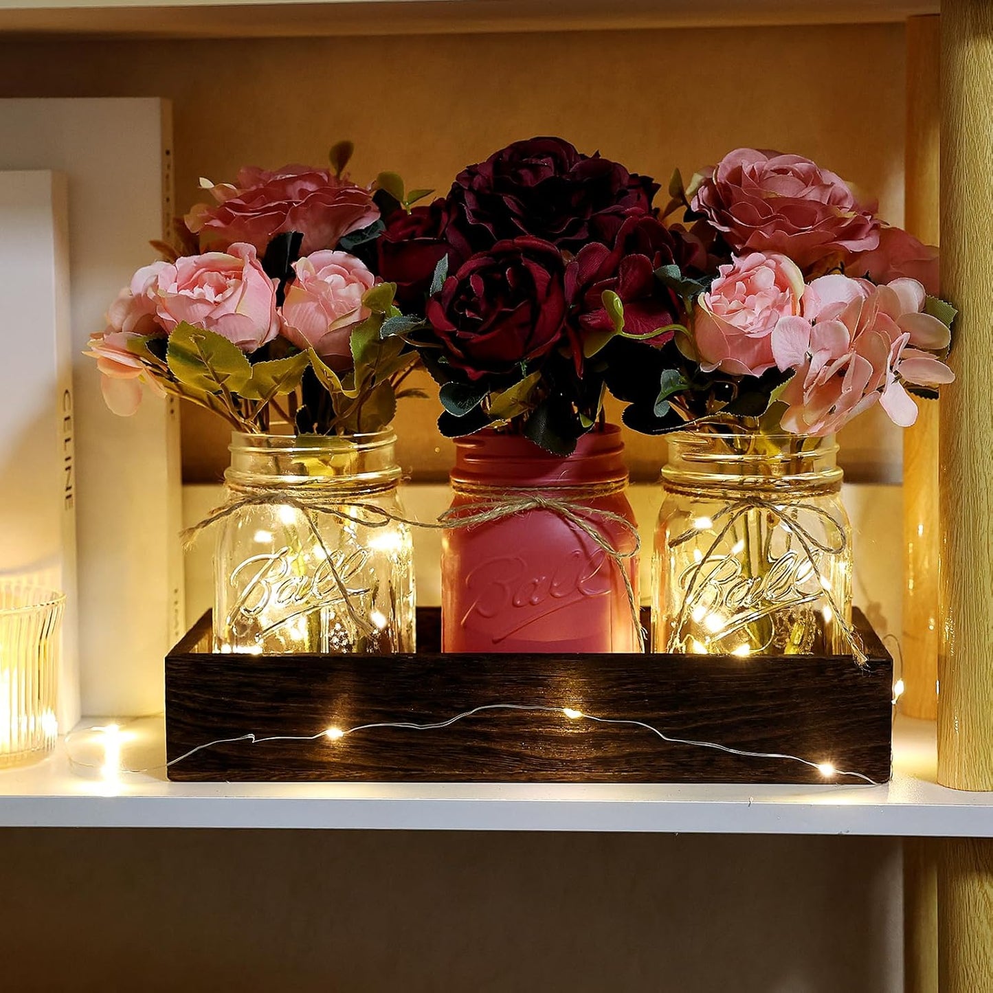 Mason Jar Lights Centerpiece for Table, Mason Jar Centerpiece Decor for Dining Room Farmhouse Coffee Table Decor with Wood Tray Fairy Lights Peony Flowers for Kitchen Living - Burgundy Pink