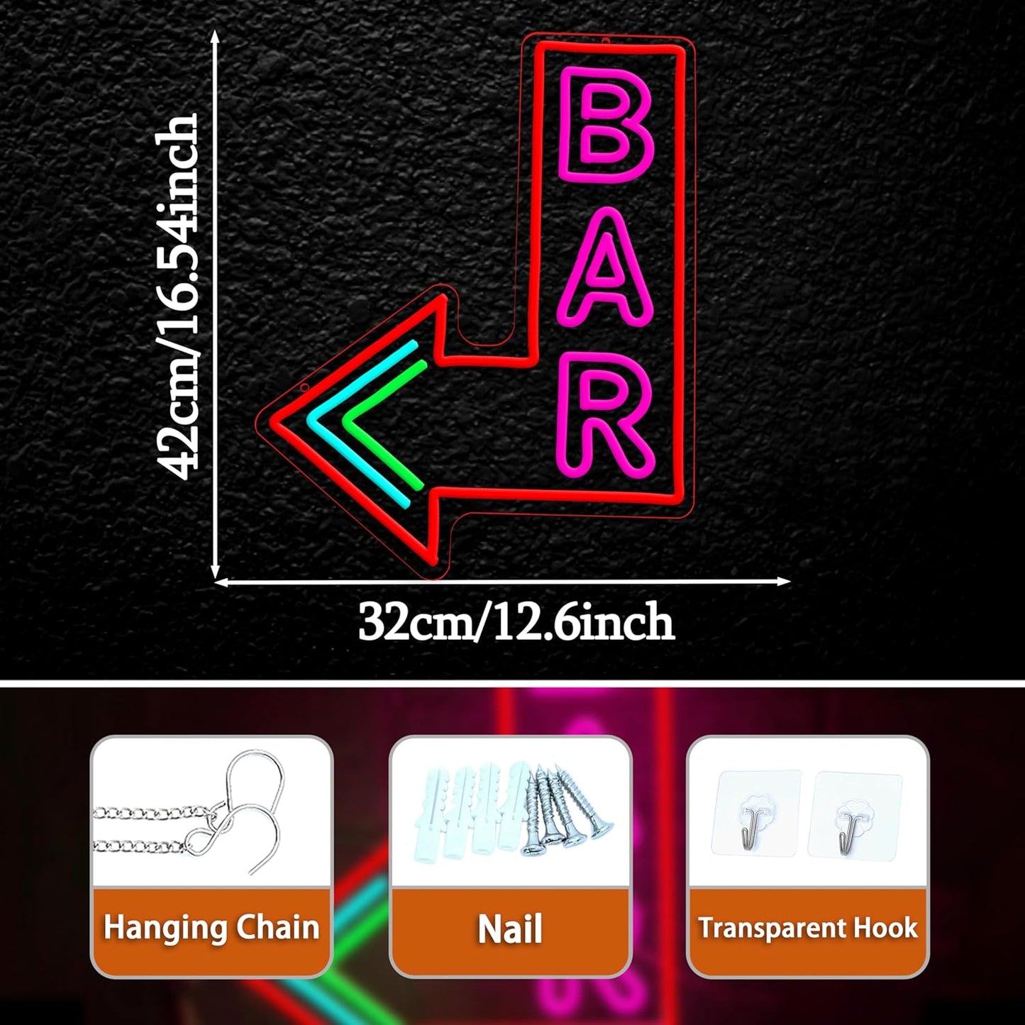 Bar Neon Sign with Dimmer switch, Colorful Bar Led Neon Light Pink Letter Light up Sign for Beer Pub Club Party Wall Decor(16.54 * 12.6In)