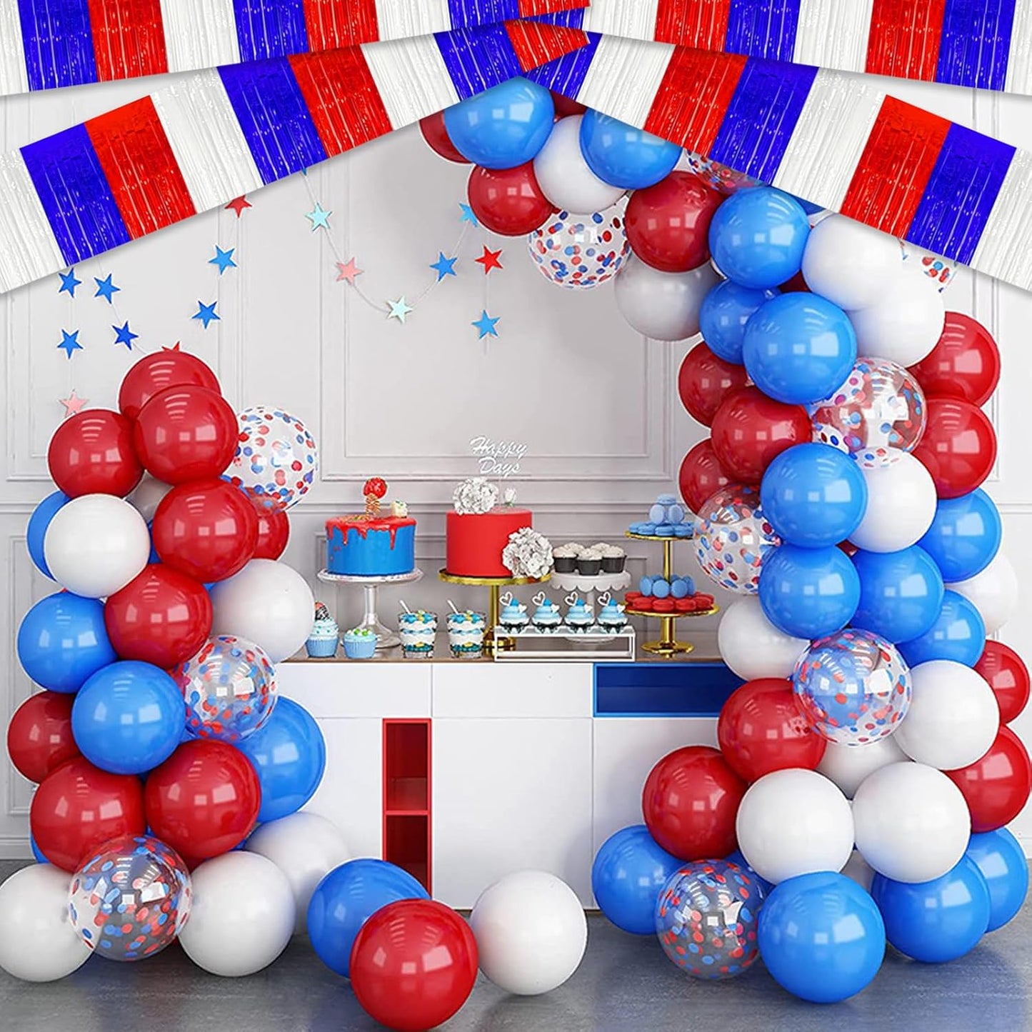 4 Pack 10 Feet White Blue Red Foil Fringe Garland Metallic Tinsel Streamers Banner Wall Hanging Curtain Backdrop for Parade Floats, Wedding, Graduate, Mother's Day, Birthday Party Decoration