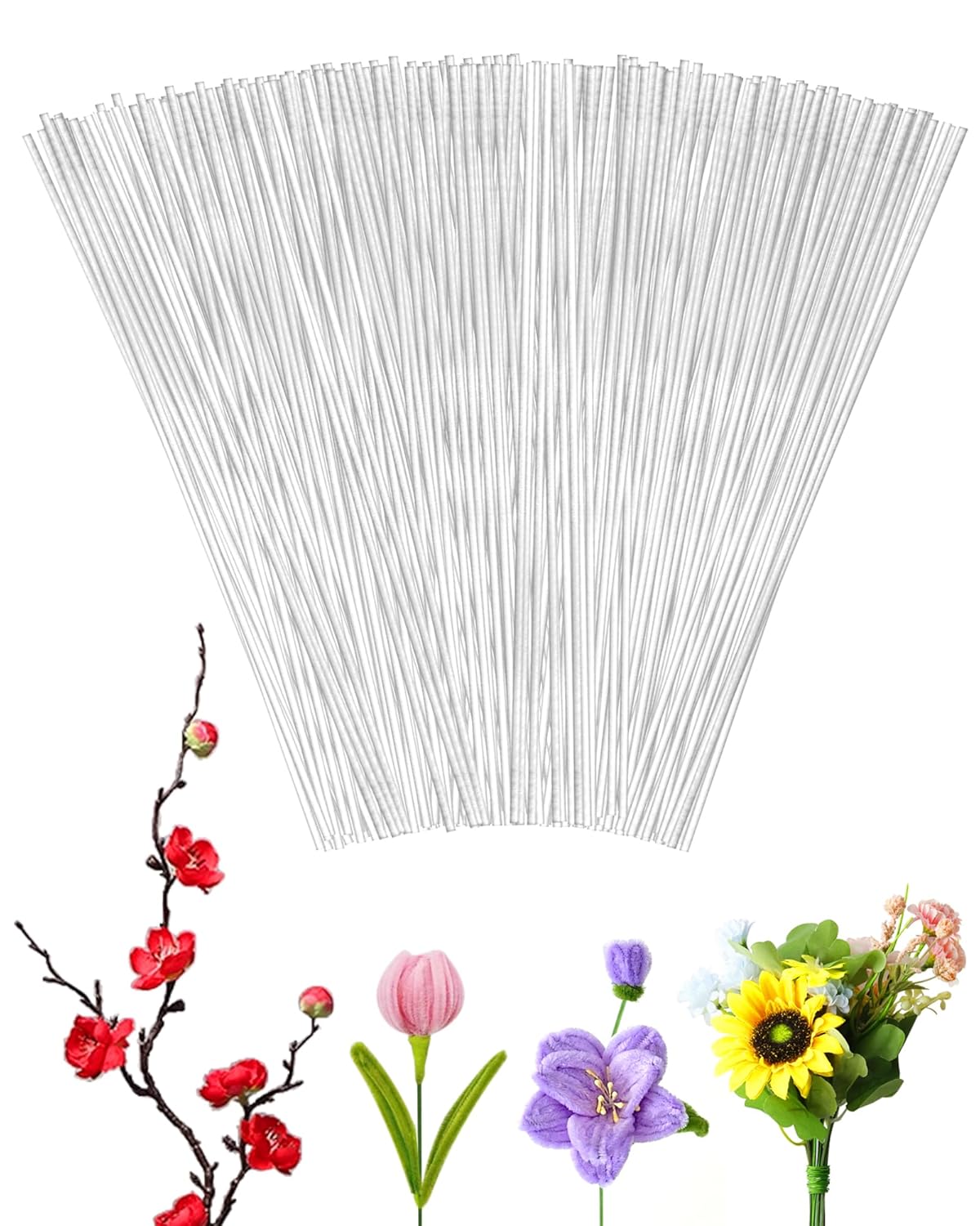 50 PCS FIVEIZERO 16 Gauge White Floral Wire Stems for Artificial Flower Making,Florist Wire,Flower Wires for Crafts,Alambre para Flores for Wreaths, Flower Arrangements and DIY Projects