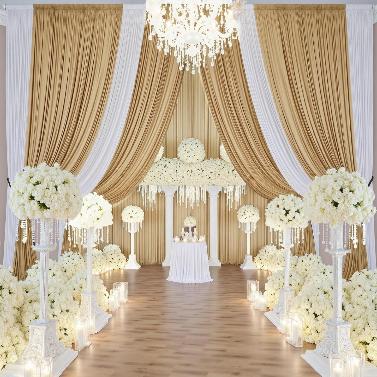 40×14 ft Wrinkle Free Beige Backdrop Curtain for Weddings Parties, 8 Panels 14ft Silky Polyester Wedding Drapes Backdrop Photo Back Drop Cloth for Birthday Baby Shower Photography Backgrounds