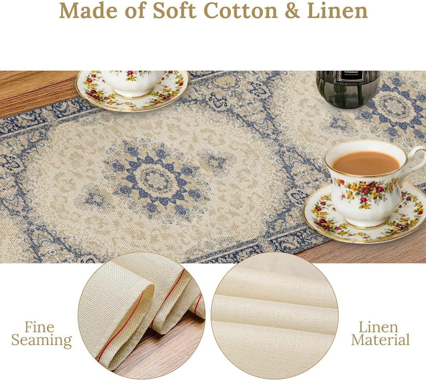 Boho Bohemia Style Table Runner, Vintage Blue Gold Retro Flower Rustic Country Style Floral Print Pattern for Home Kitchen Table Decor Dining Coffee Room Garden Party Decor 13x60in