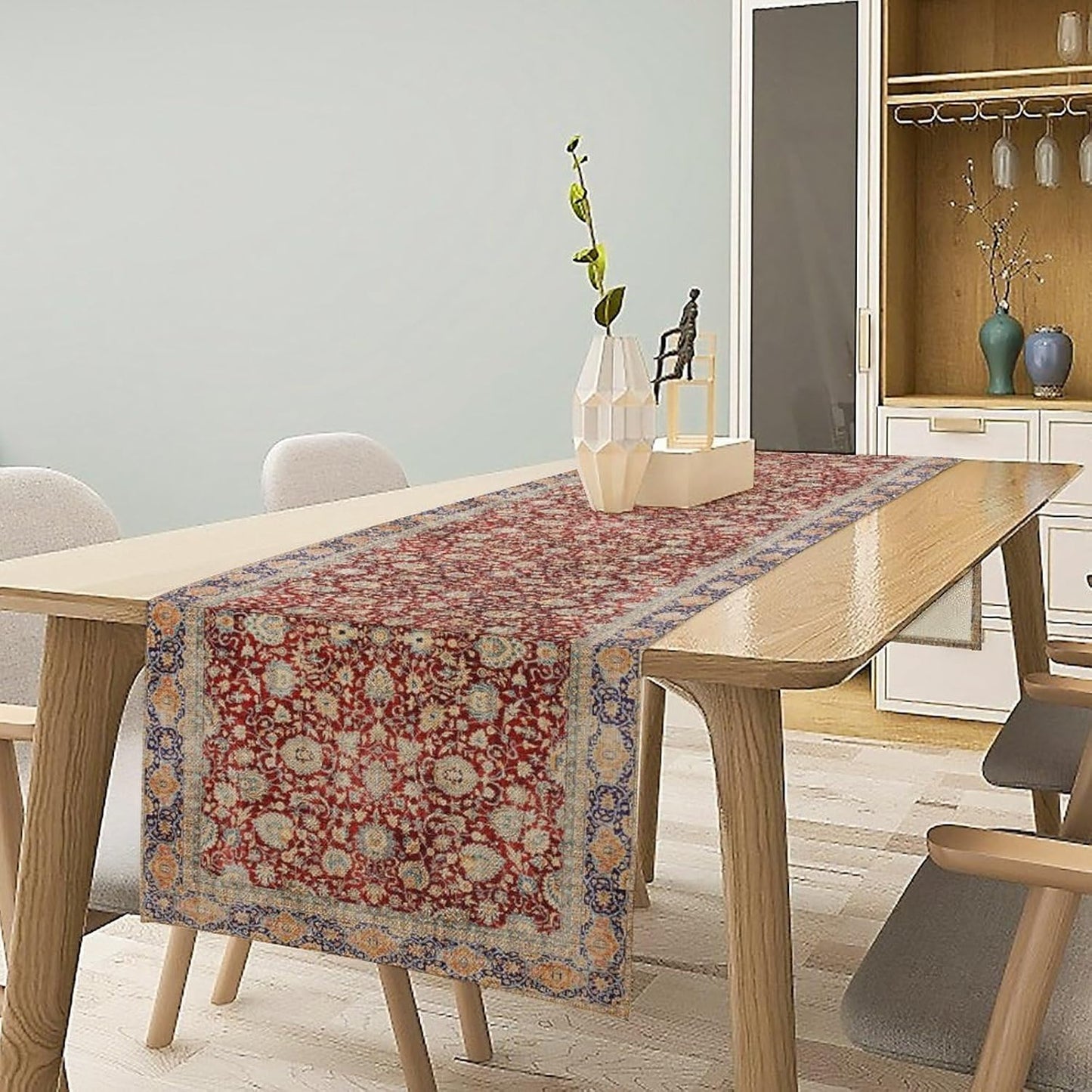 Boho Bohemia Style Table Runner, Vintage Red Blue Retro Flower Rustic Country Style Floral Print Pattern for Home Kitchen Table Decor Dining Coffee Room Garden Party Decor 13x72in