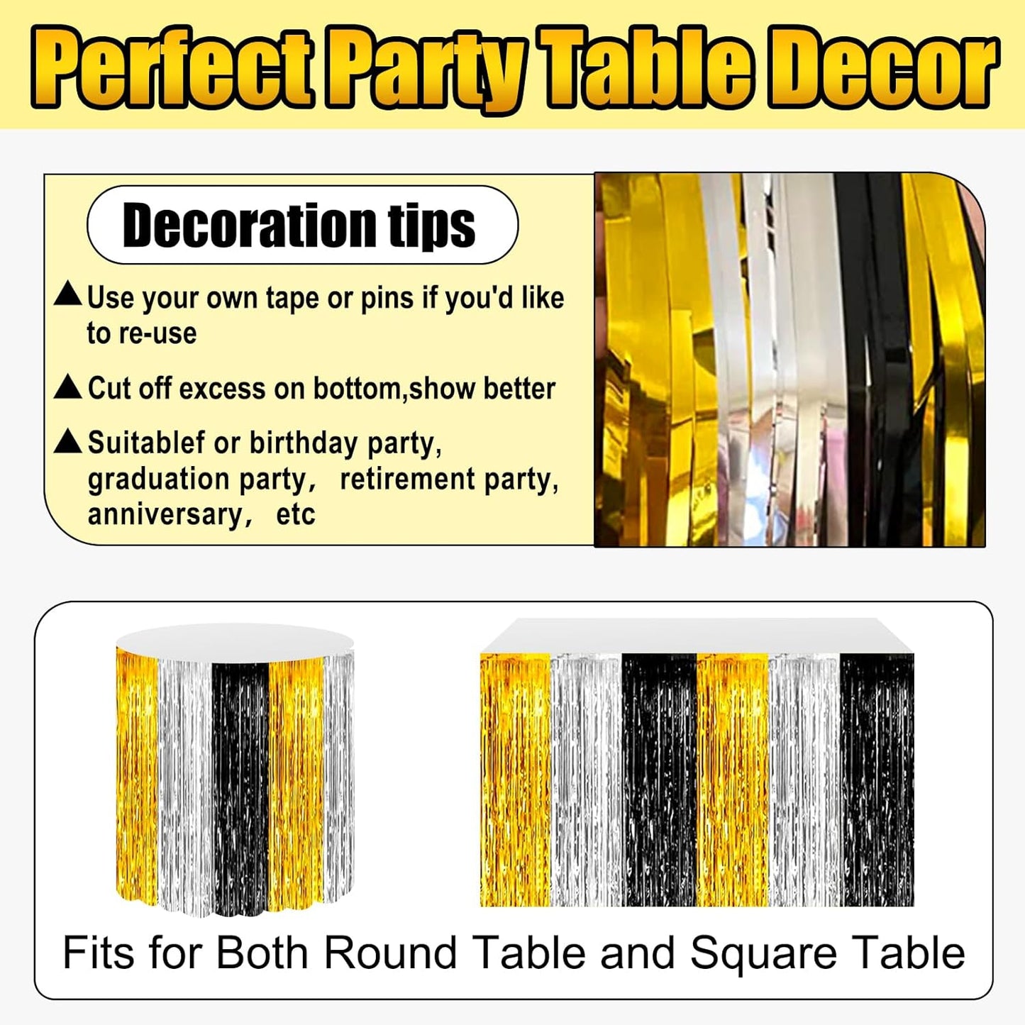 3 Pack 29 x108 Inch Black Gold Silver Foil Fringe Table Skirts Metallic Banner for Tinsel Streamer Garland Backdrop for Parade Floats Wedding Thanksgiving Birthday Christmas Halloween Party Decoration