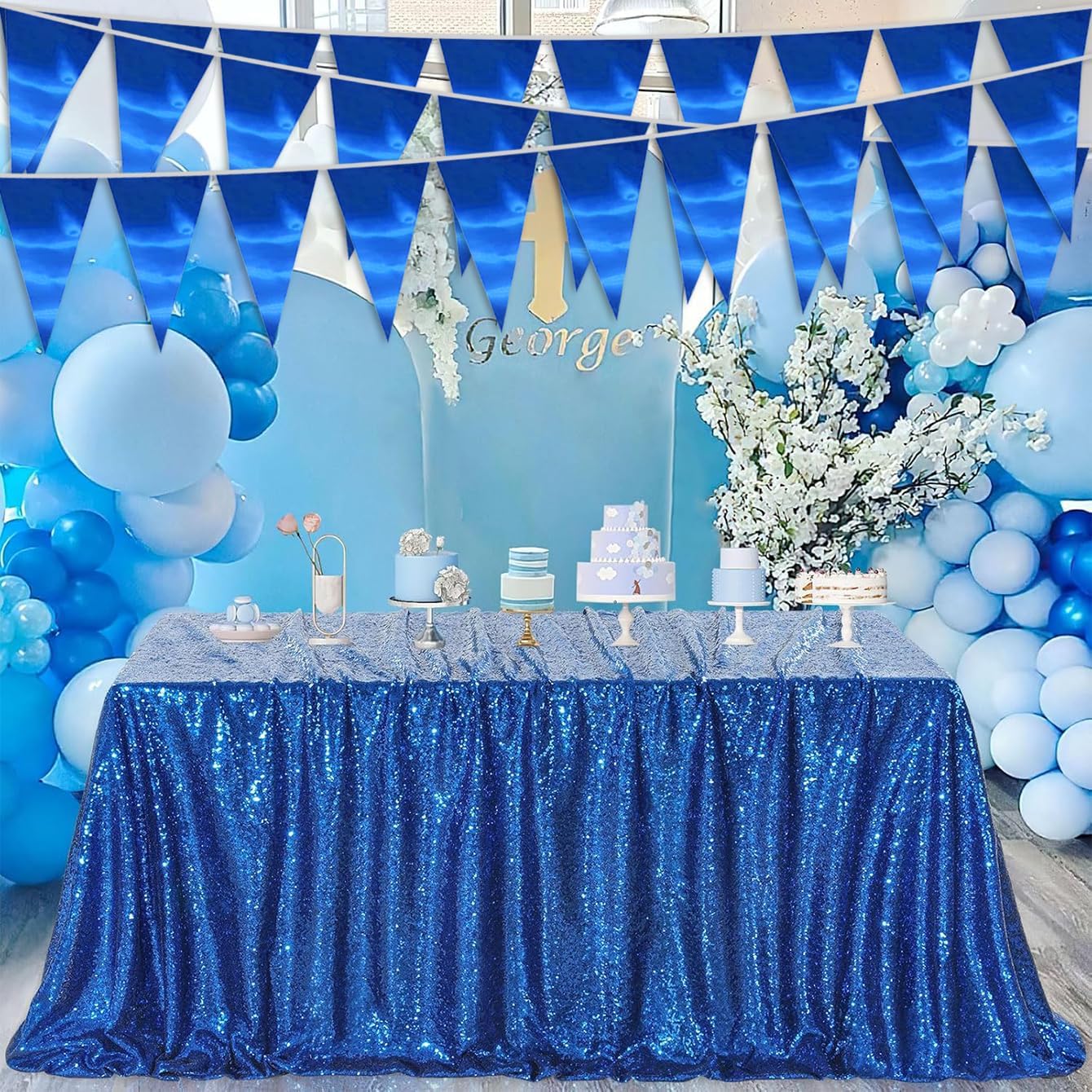 40M/130FT Blue Triangle Pennant Banner Flag Metallic Fabric Bunting Garland for Christmas Graduation Wedding Engagement Anniversary Bachelorette Birthday Bridal Shower Valentines Hen Party Supplies