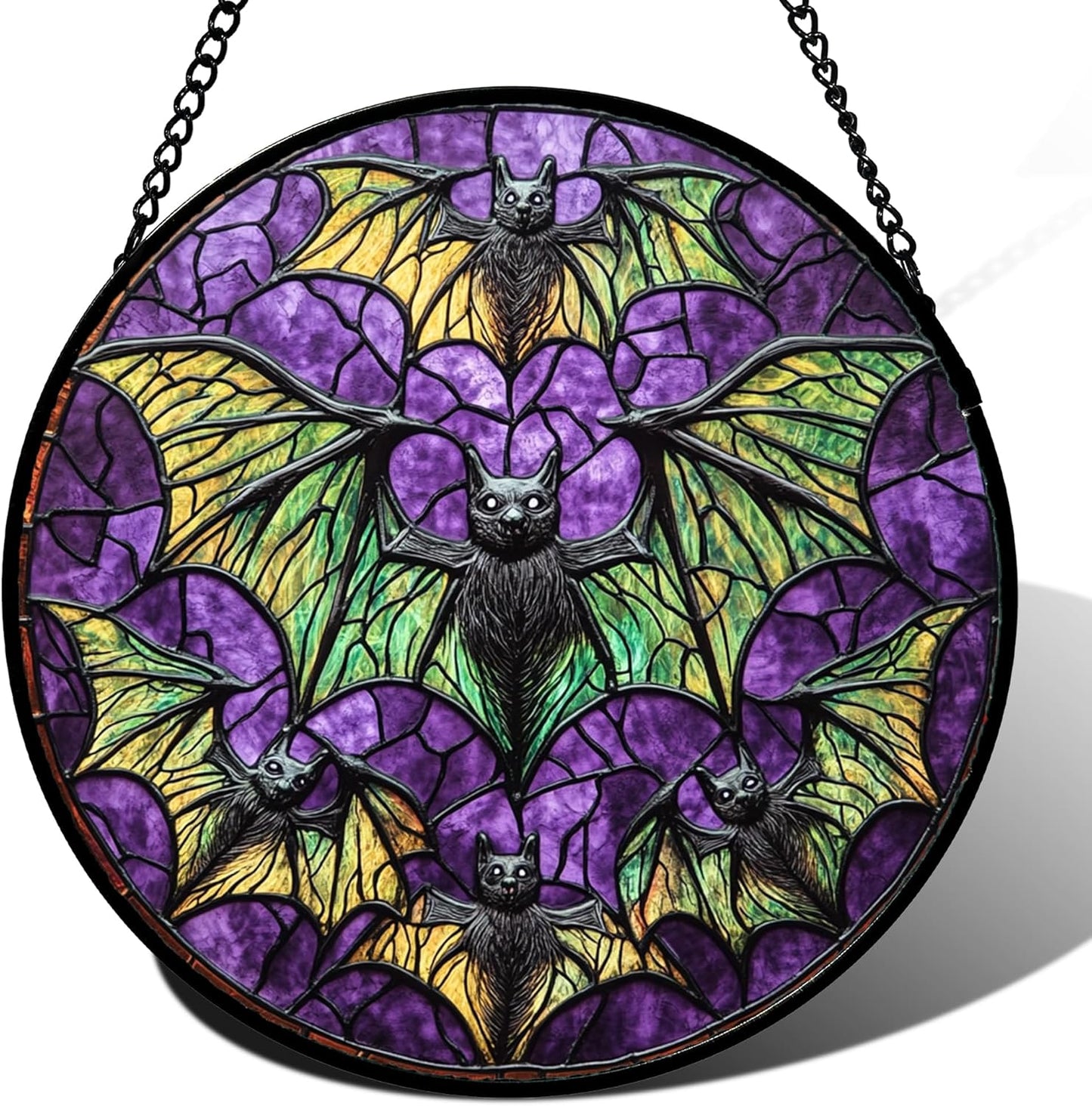 Stained Glass Window Hanging - Halloween Decorations Bats Suncatcher for Doors Garden Indoor Spooky Funny Purple Sun Catchers Gothic Decor Horror Gifts for Women Men Friend 9.8 in
