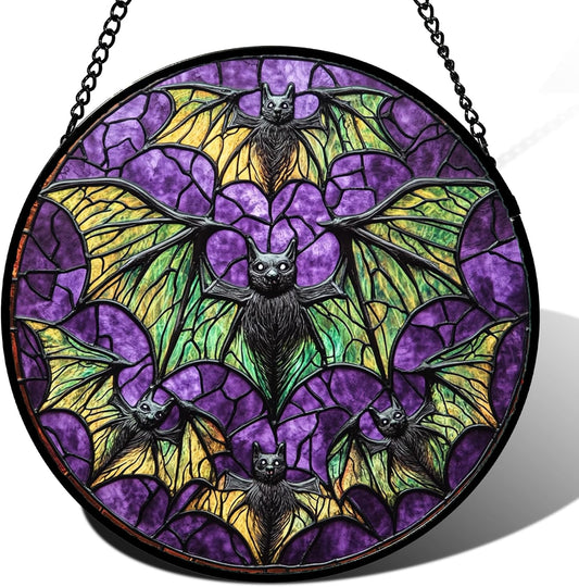Stained Glass Window Hanging - Halloween Decorations Bats Suncatcher for Doors Garden Indoor Spooky Funny Purple Sun Catchers Gothic Decor Horror Gifts for Women Men Friend 6.3 in