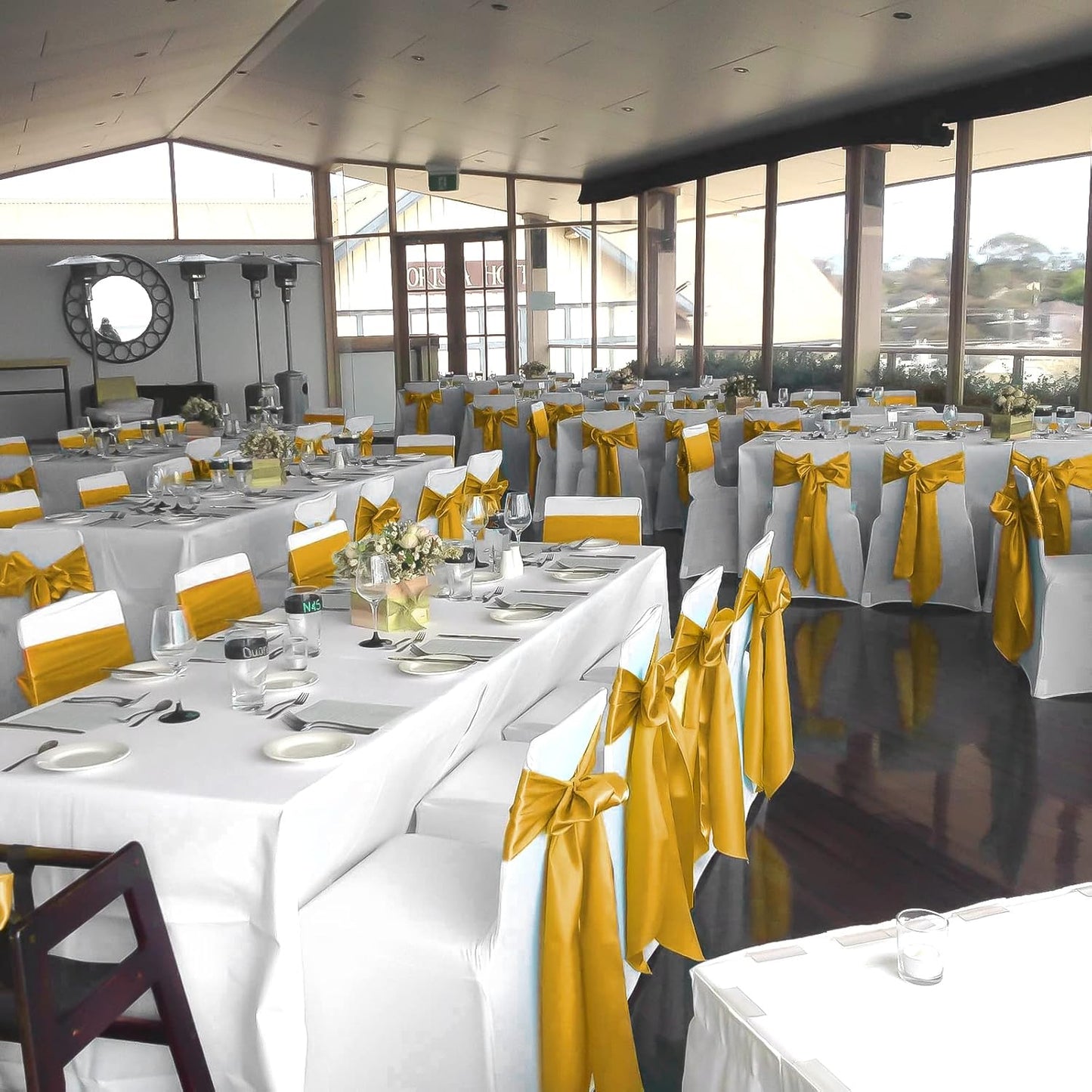 fani 60 PCS Gold Satin Chair Sashes Bows Universal Chair Cover for Wedding Reception Restaurant Event Decoration Banquet,Party,Hotel Event Decorations (7 x 108 inch)