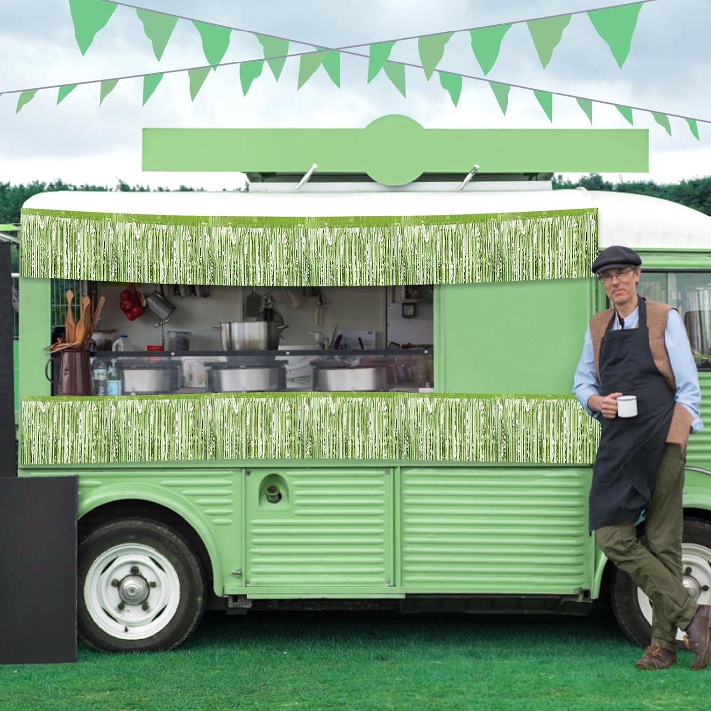 6 Pack 10 Feet Light Green Foil Fringe Garland Metallic Tinsel Streamers Banner Wall Hanging Curtain Backdrop for Parade Floats, Birthday, Graduate, Mother's Day, Wedding Party Decoration