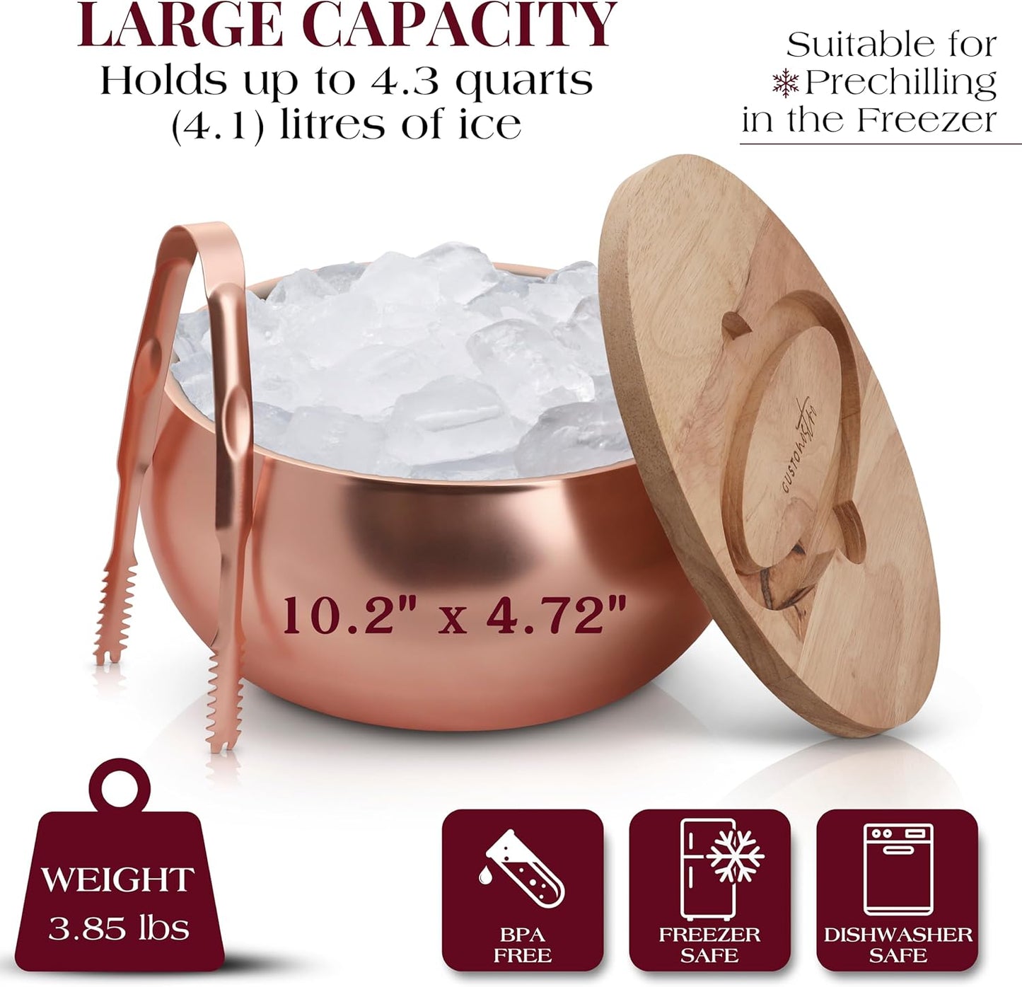 Gusto Nostro 4.1L Insulated Ice Bucket with Lid and Tongs, Double Wall Stainless Steel Ice Bucket Large, BPA Free Ice Bucket for Cocktail Bar, Keeps Champagne, Wine, Beer Chill for Parties (Rose)