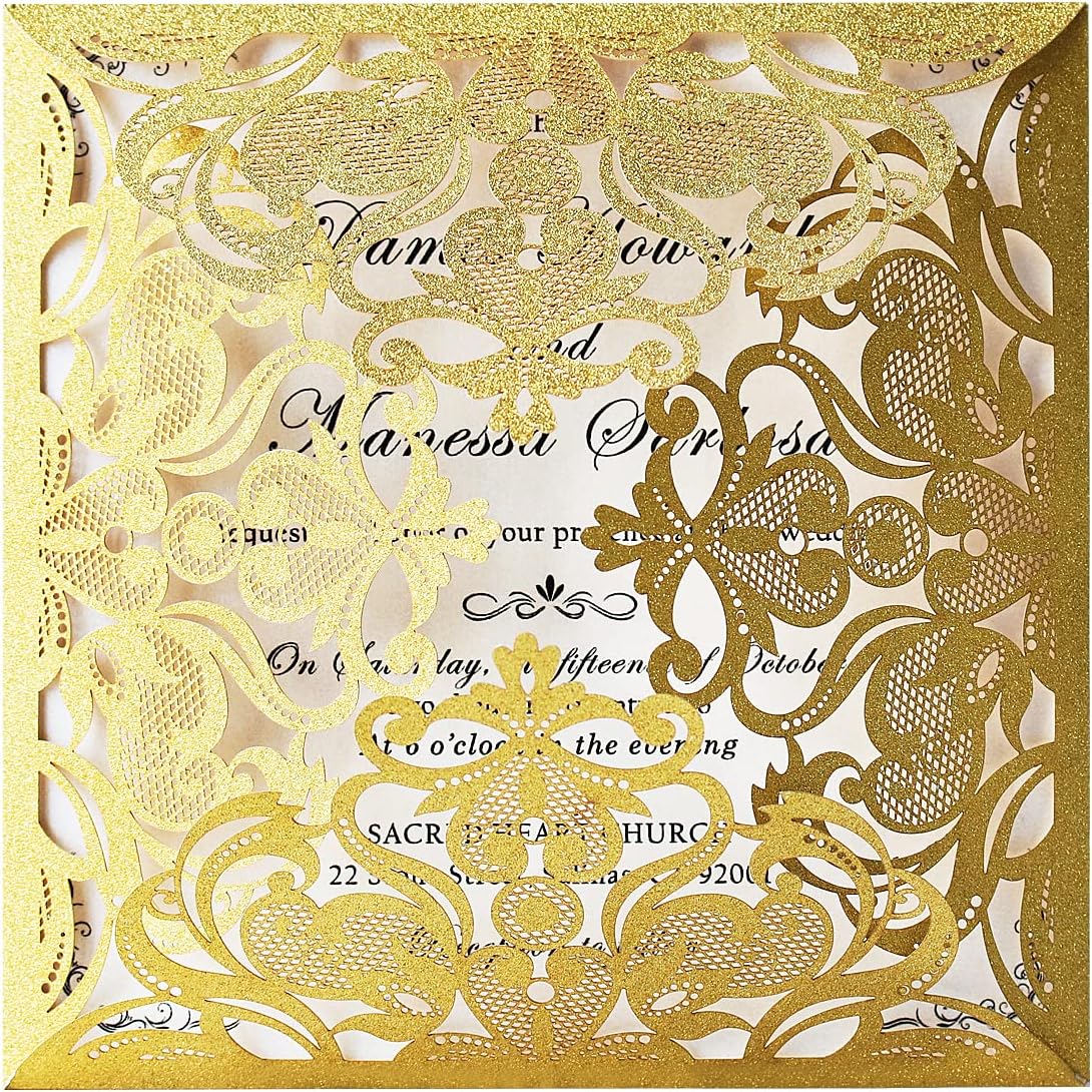 Hosmsua 50PCS Personalized Gold Laser Cut Wedding invitation Cards With Envelopes 6.3 x 6.3 Inch Hollow Lace Rose Invitation Pocket for Engagement Wedding Bridal Shower Invite (Gold Glitter)